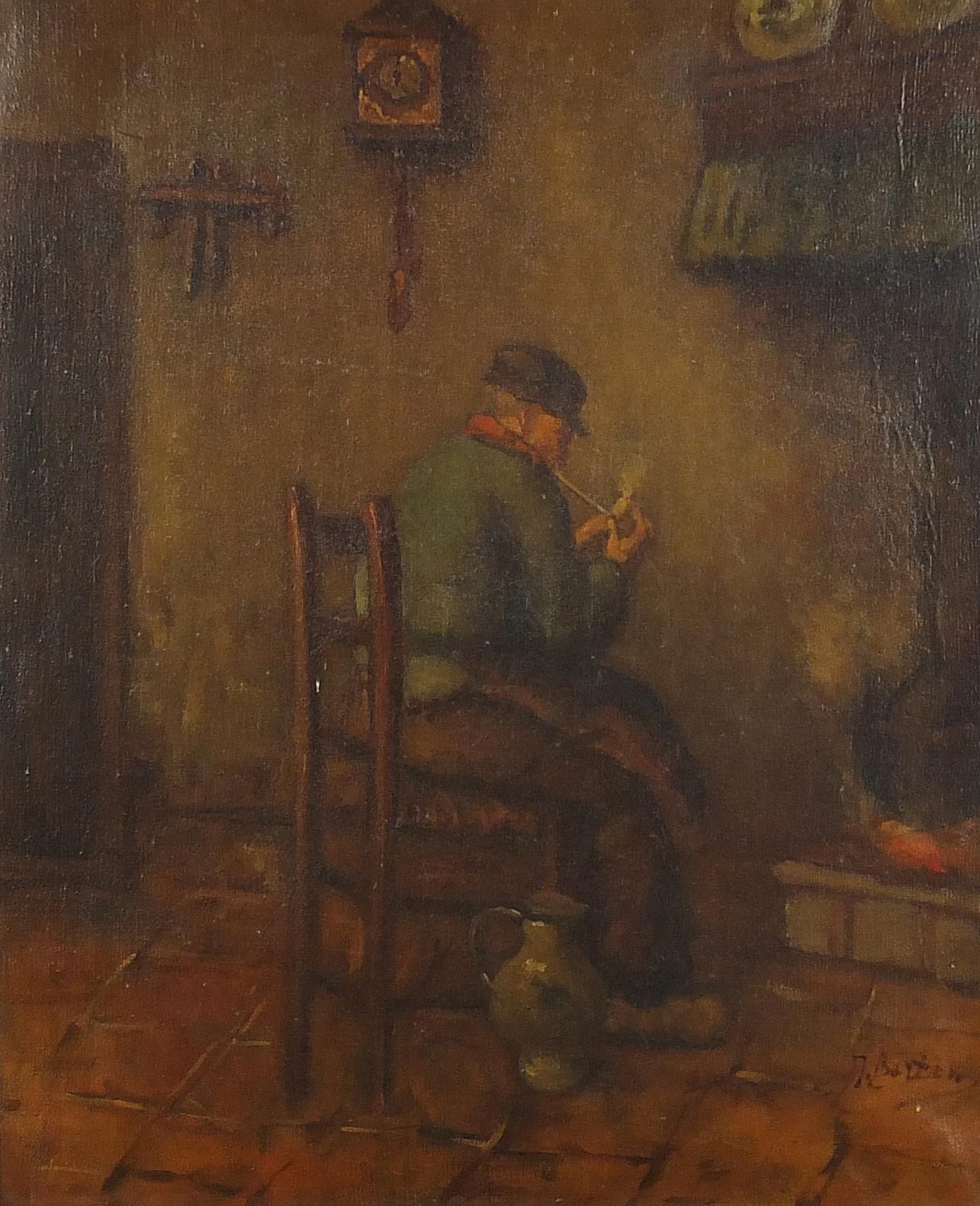 Female beside a fire and gentleman smoking a pipe, pair of Dutch school oil on canvasses, each - Image 2 of 9