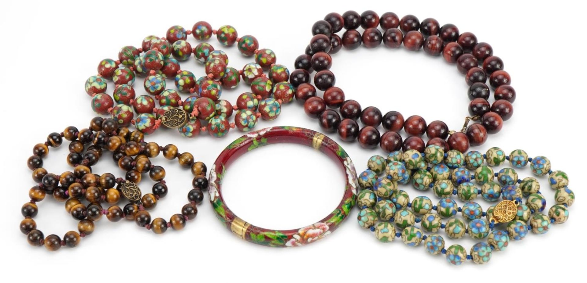 Two Chinese cloisonne bead necklaces, two tiger's eye bead necklaces and a cloisonne bangle