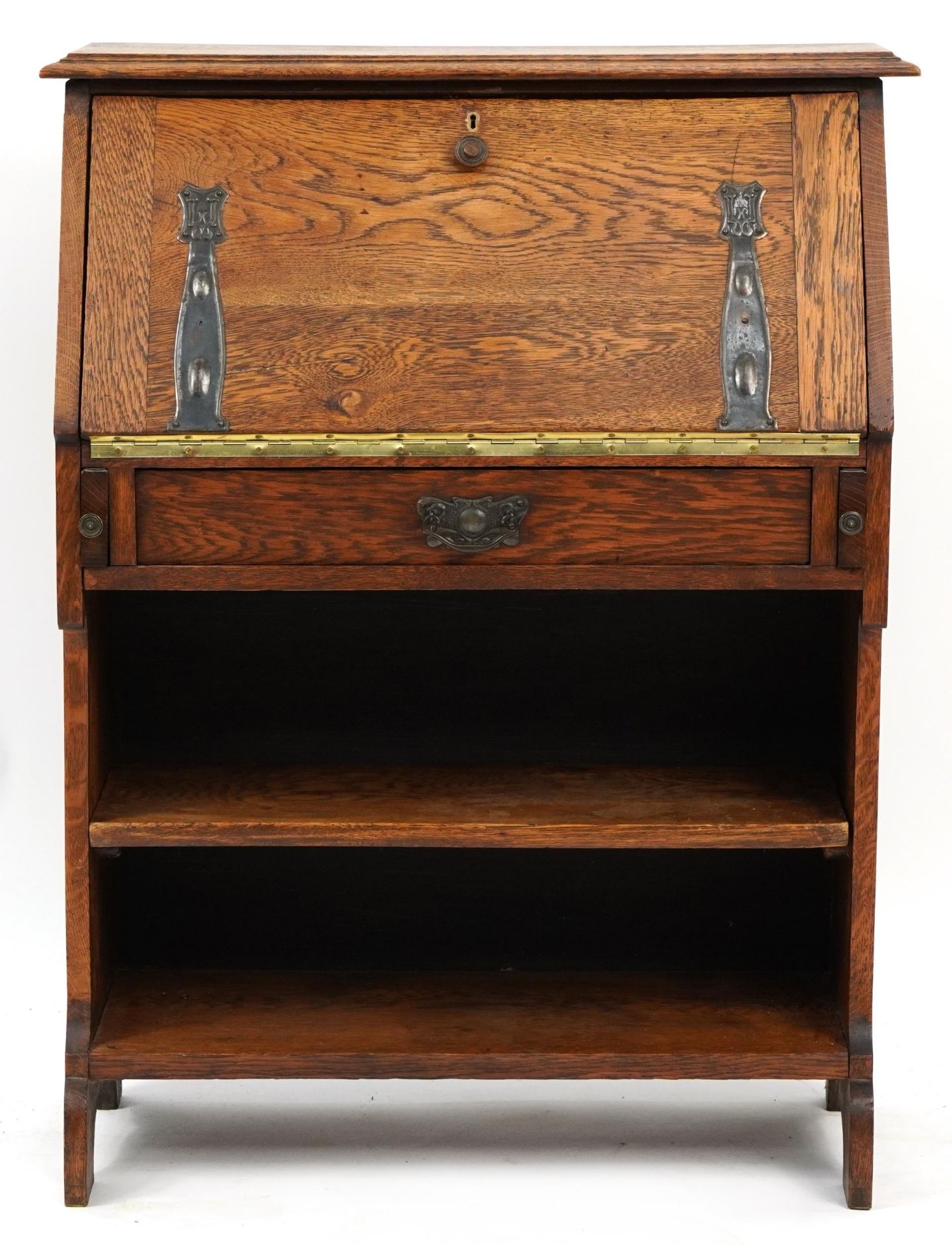 Art Nouveau oak student's bureau with copper mounts, 100cm H x 76cm W x 30.5cm D