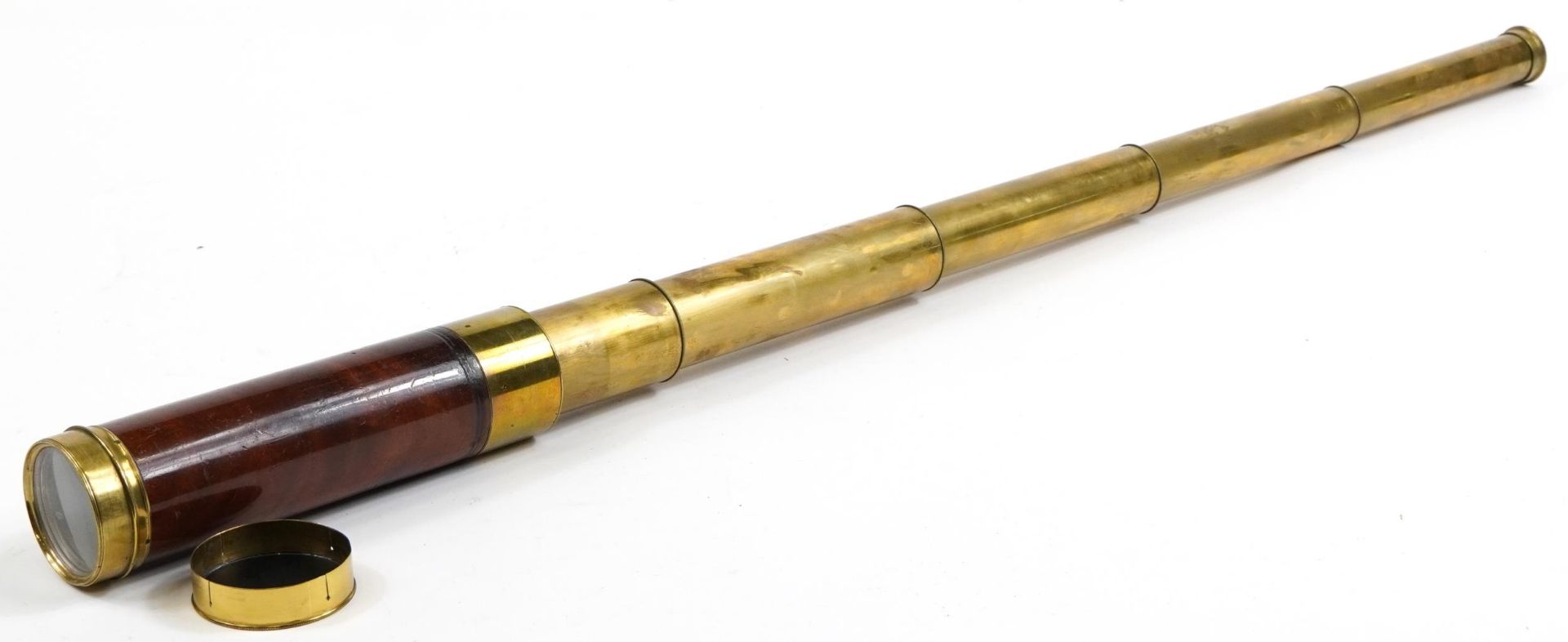 J Long of London, Victorian mahogany bound five draw brass telescope, 24cm in length when closed