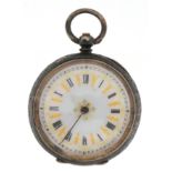 Continental ladies silver open face pocket watch with enamelled dial and silver watch chain, the