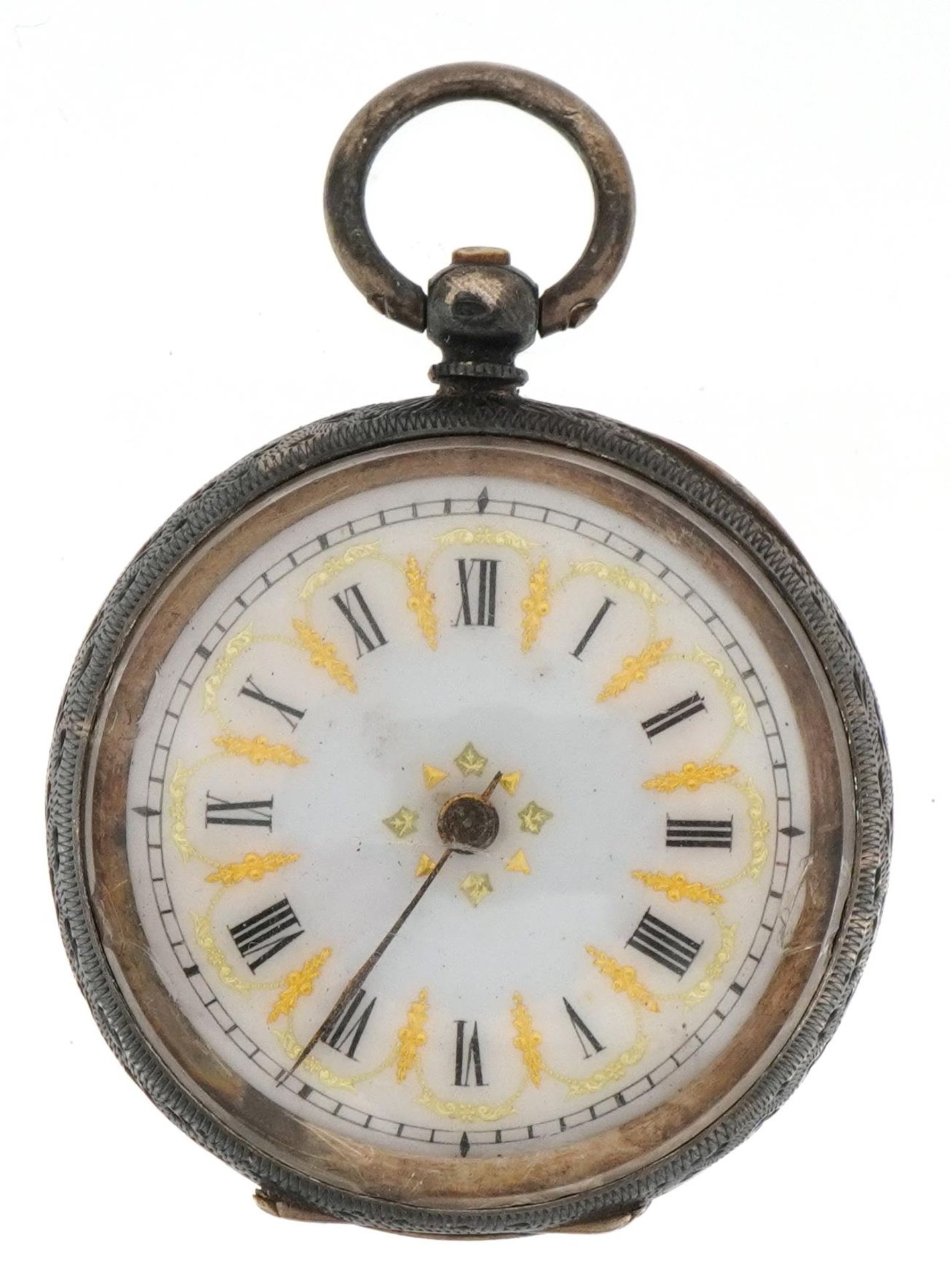 Continental ladies silver open face pocket watch with enamelled dial and silver watch chain, the