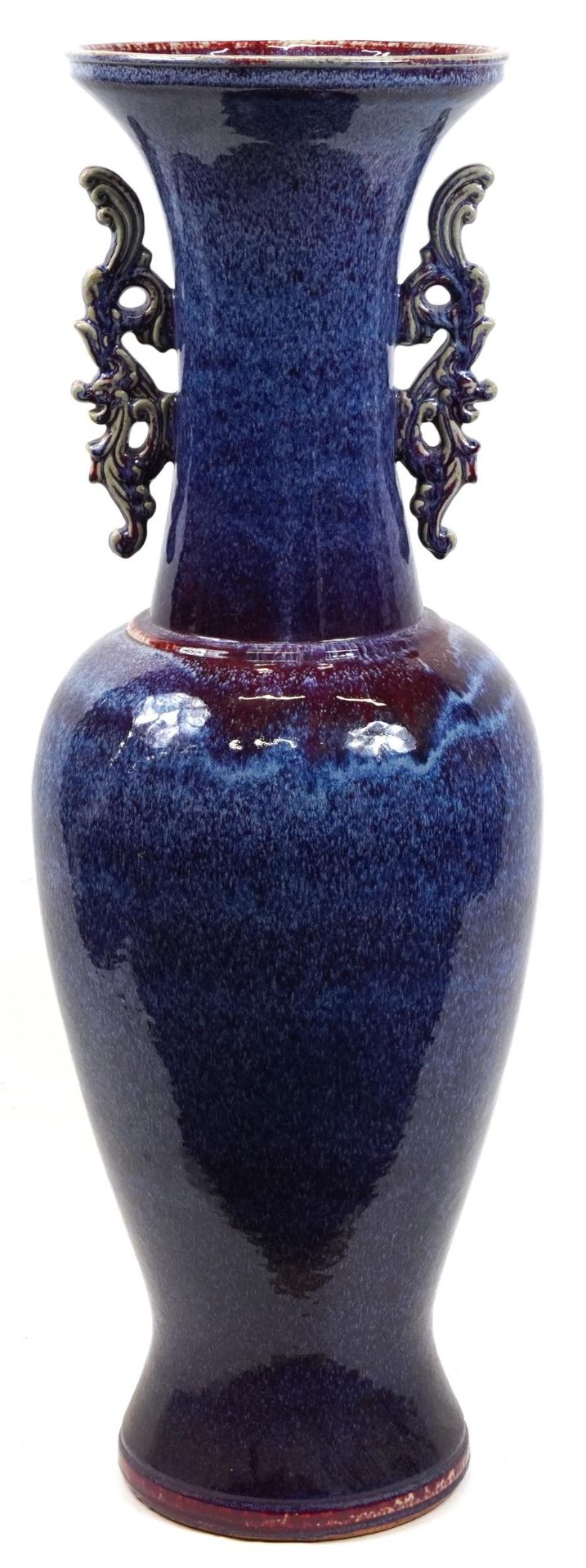 Chinese floor standing vase with twin handles having a flambe glaze, 120cm high