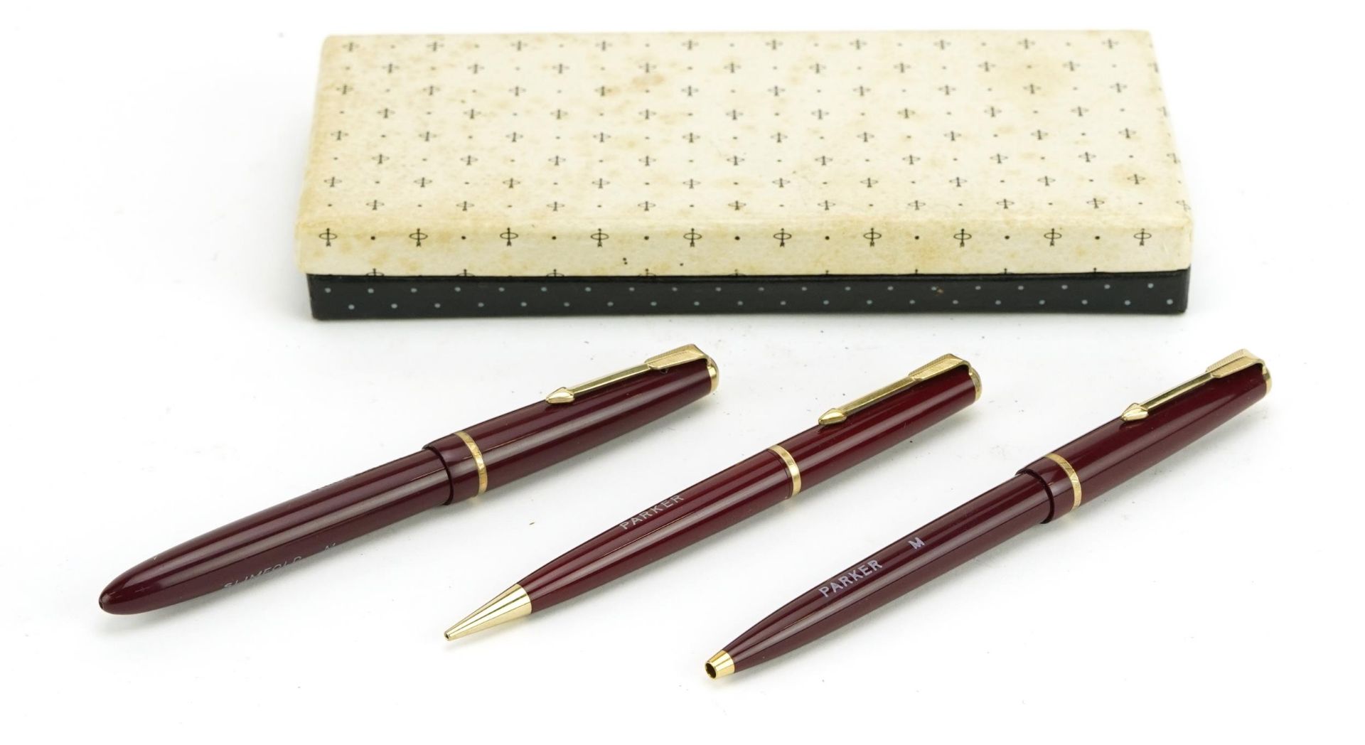 Parker Slimfold fountain pen, ballpoint pen and propelling pencil with fitted box, the fountain