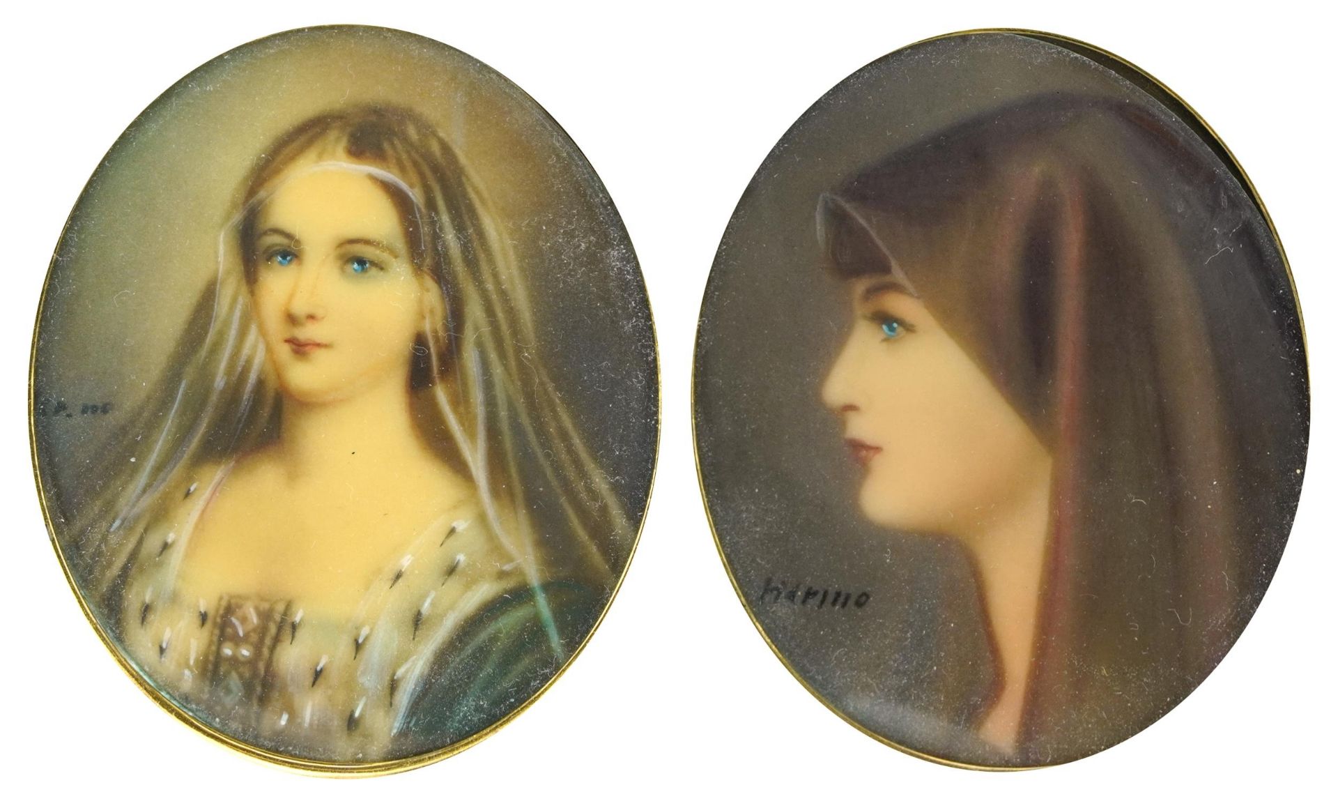 Pair of oval portrait miniatures of females housed in ornate gilt frames, each miniature 6cm x 5cm