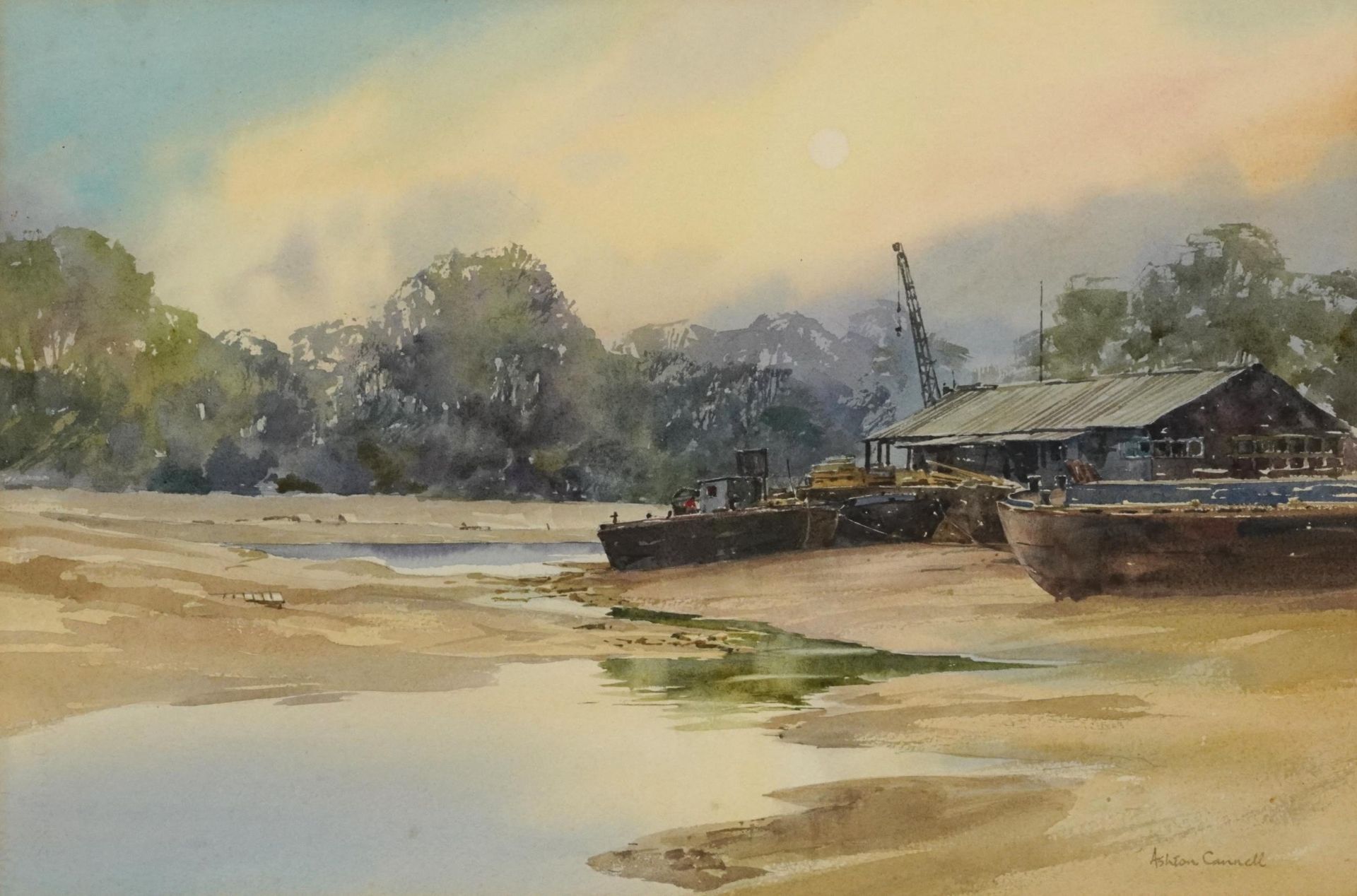 Ashton Cannell - Brentford Creek, watercolour, The Wapping Group of Artists label verso, mounted,