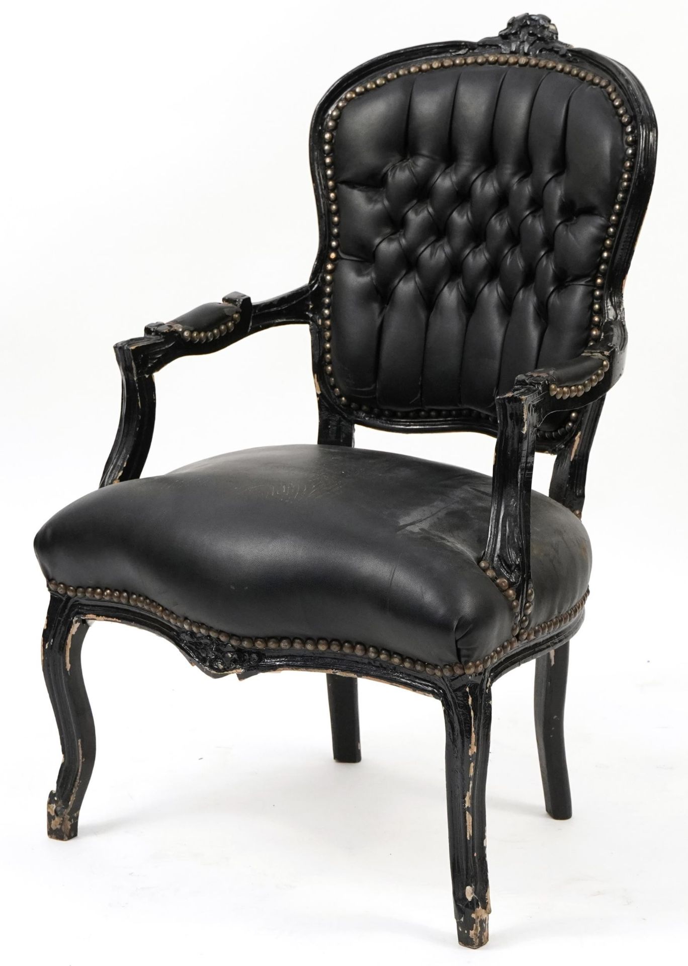 French style black painted elbow chair with black faux leather button back upholstery, 92cm high