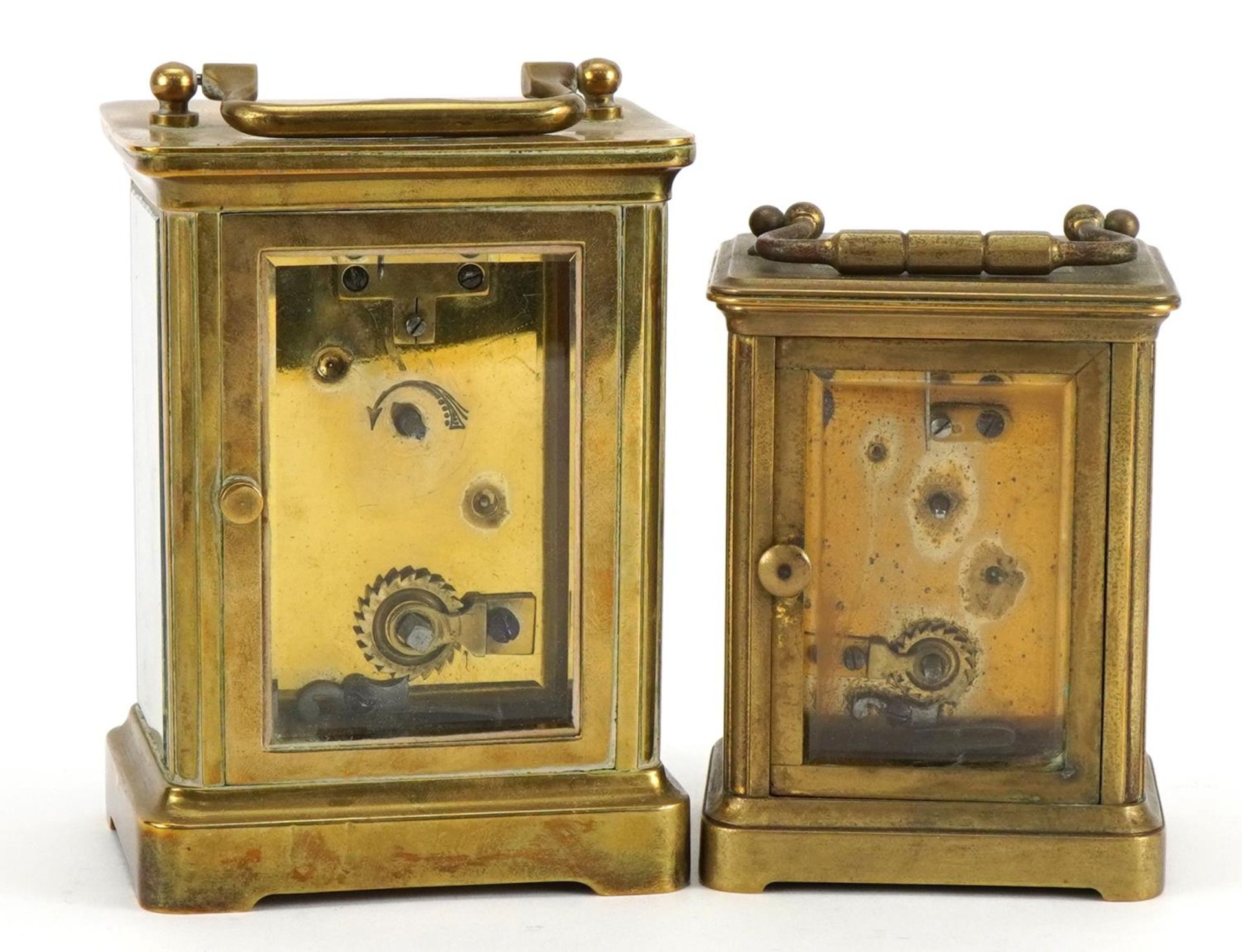 Two brass cased carriage clocks with enamelled dials and Roman numerals, the largest 11cm high - Bild 2 aus 5