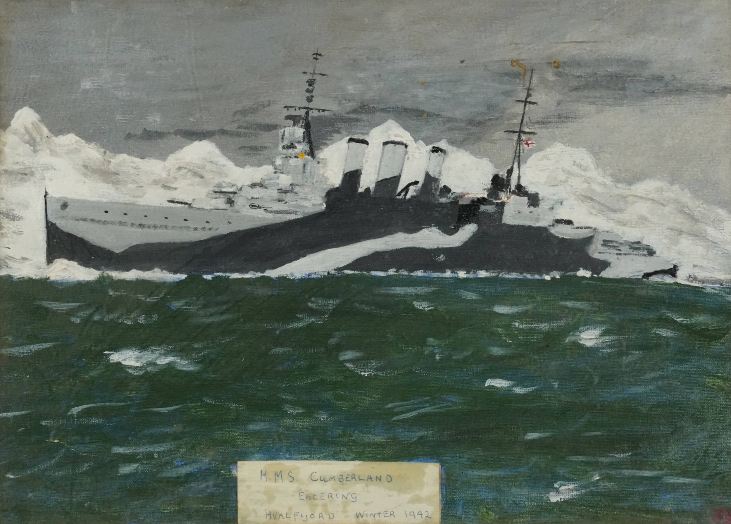 HMS Cumberland entering Hval Fjord, Winter 1942, Naval interest oil onto board, contemporary mounted