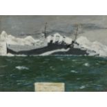 HMS Cumberland entering Hval Fjord, Winter 1942, Naval interest oil onto board, contemporary mounted