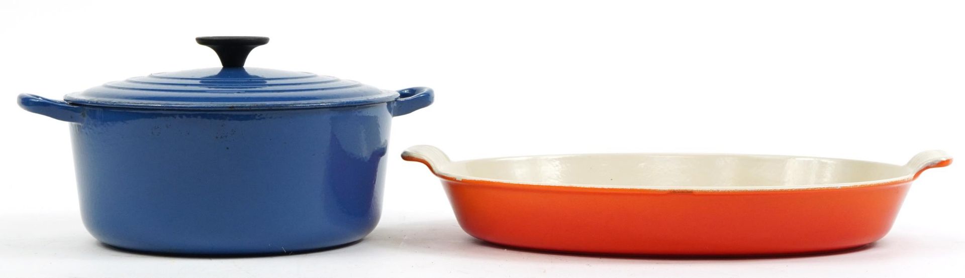 Blue Le Creuset cast iron casserole pot and cover and an oval dish, the largest 42cm wide - Image 2 of 4