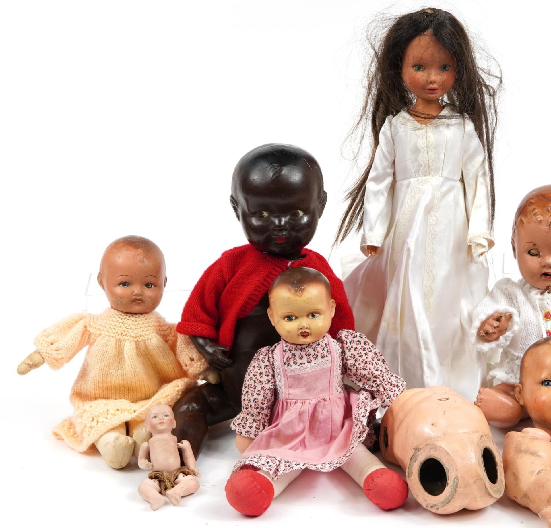 Eight vintage composite and cloth dolls with jointed limbs and two miniature bisque baby dolls, - Image 2 of 4