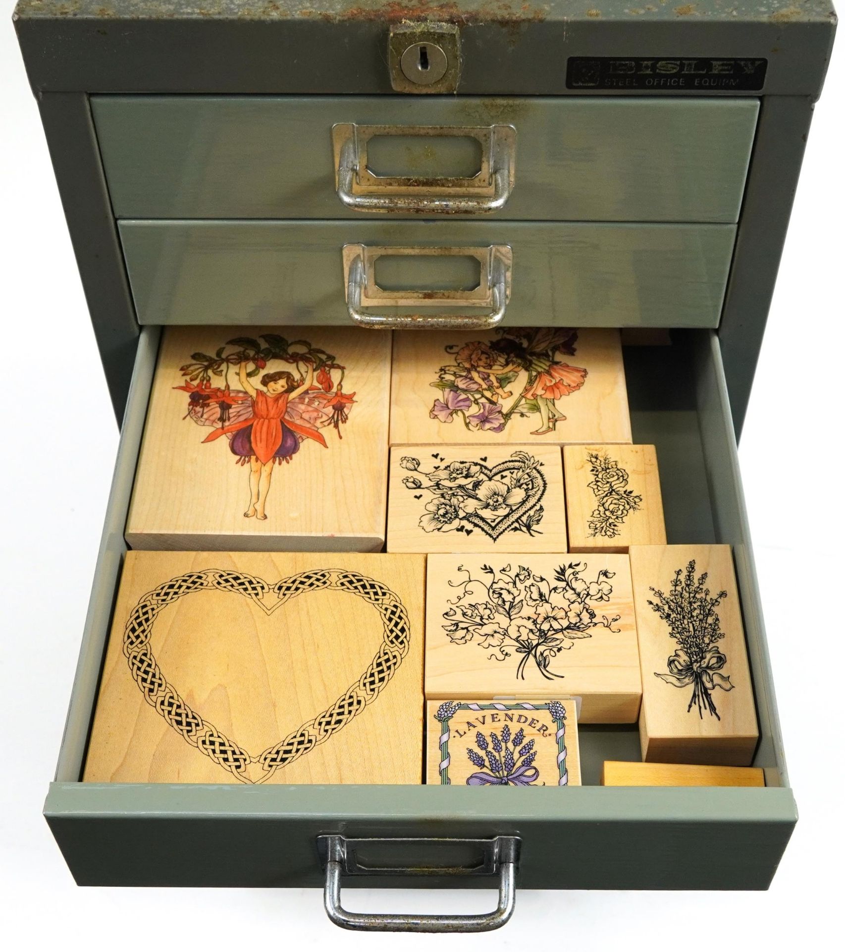 Large collection of wooden printing blocks and ink stamps housed in a Bisley ten drawer filing - Image 5 of 13