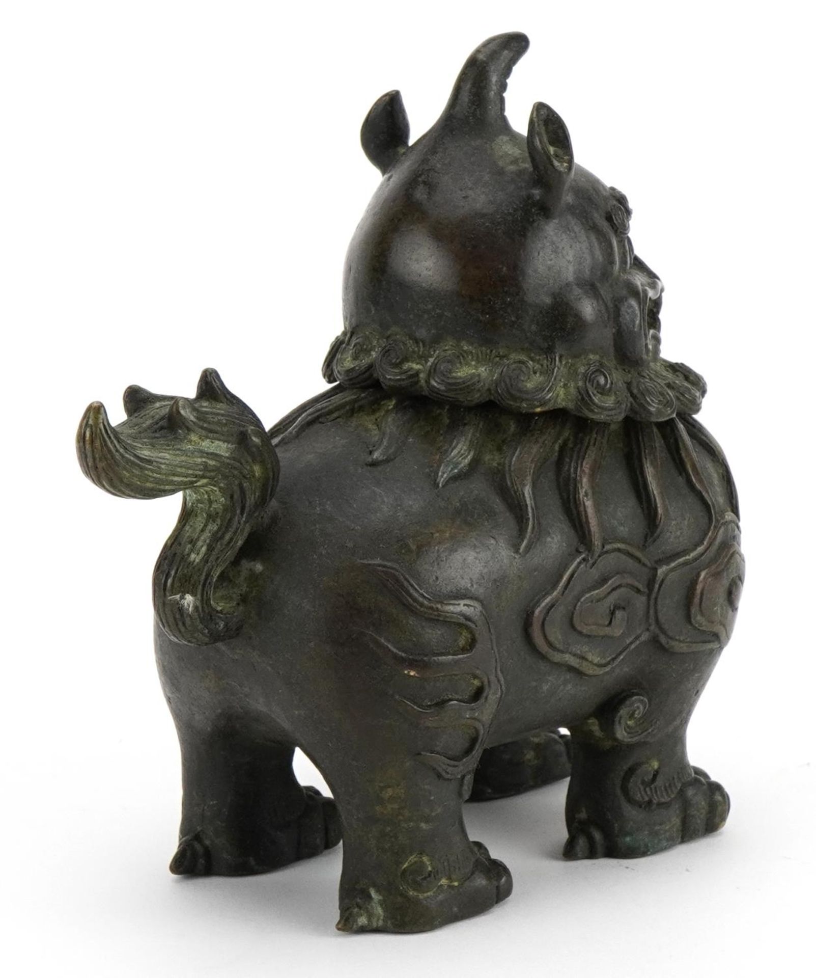 Chinese patinated bronze incense burner in the form of a Foo dog, impressed mark to the underside, - Image 2 of 4