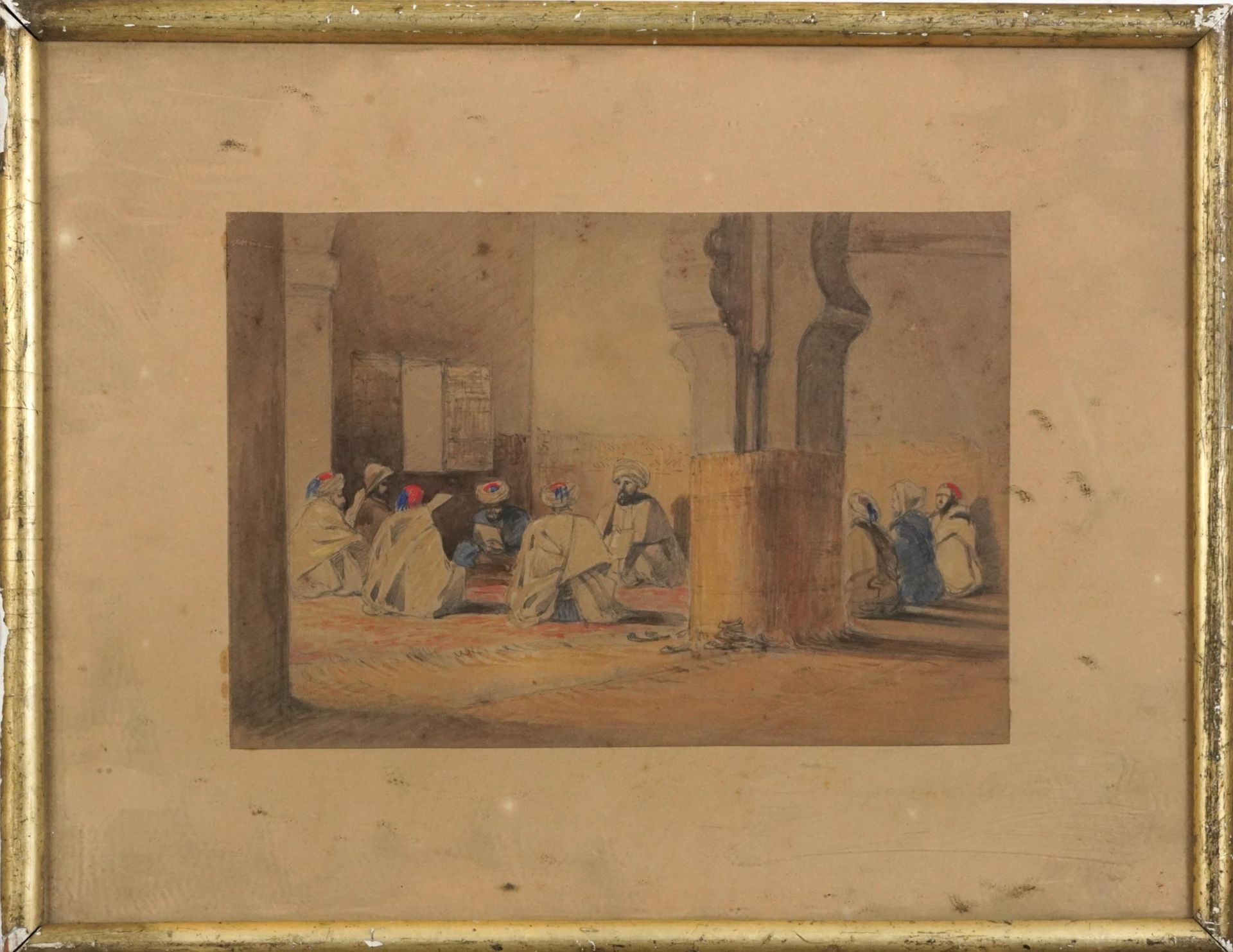 Arabs praying in an interior, Middle Eastern school watercolour, indistinctly inscribed in pencil to - Image 2 of 4