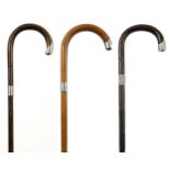 Three Victorian and later bamboo and malacca walking sticks with silver mounts, the largest 93cm