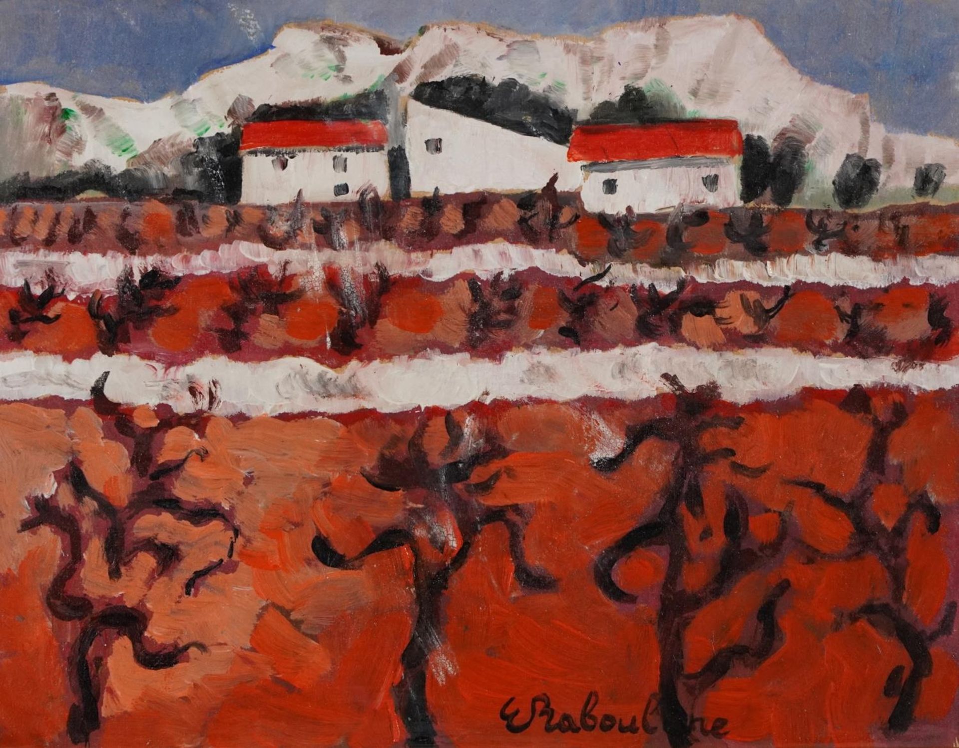 Eugene Baboulene - Continental landscape with villas, French oil on board, framed, 34.5cm x 27cm