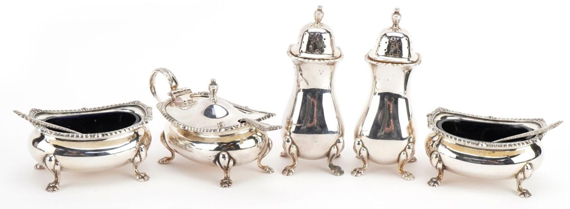 William Suckling Ltd, Elizabeth II silver five piece cruet with blue glass liners, Birmingham