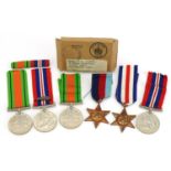 British military World War II medals including box of issue addressed to Miss F H Hussey