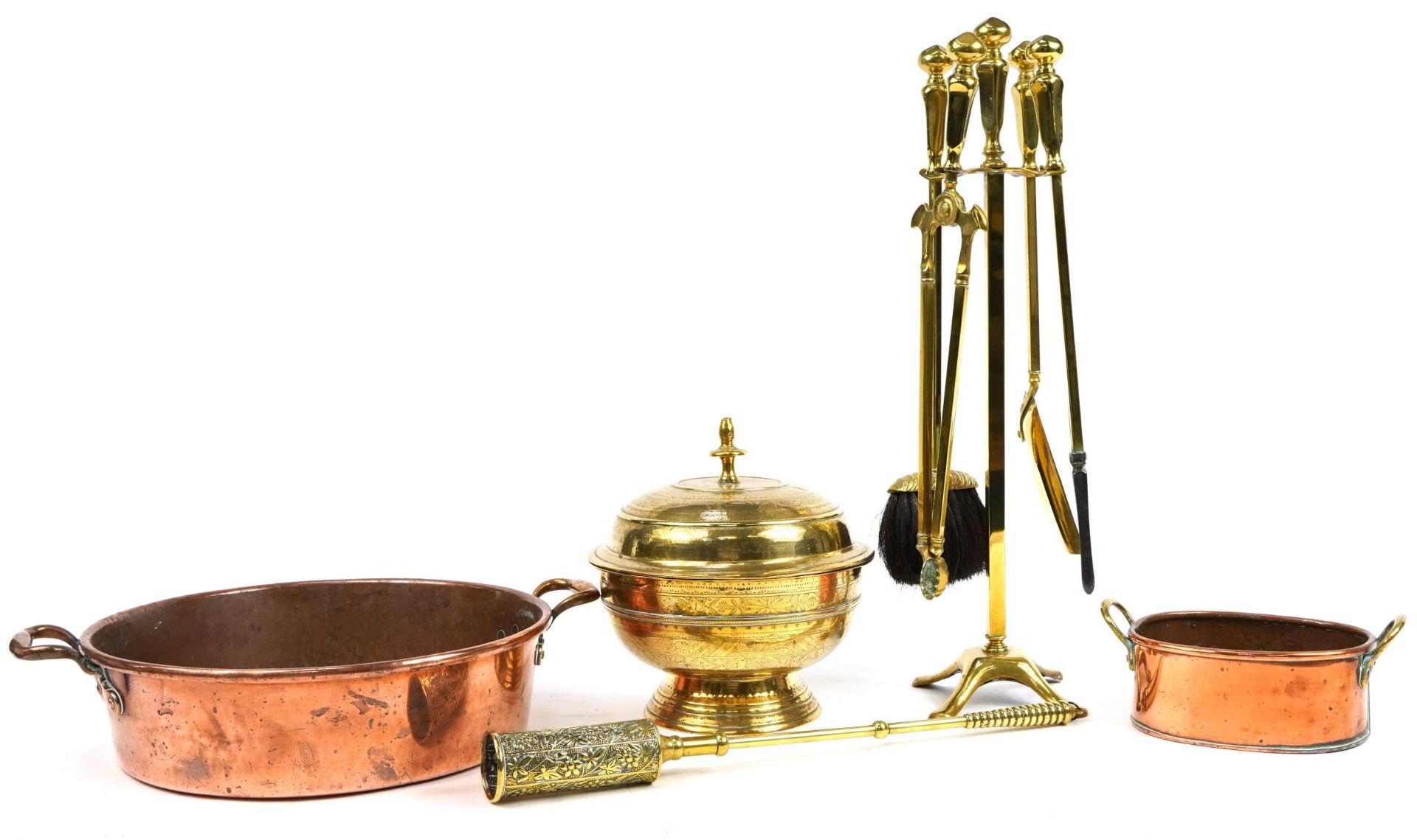 Antique and later metalware including fireside companion set and circular copper preserve pan, the