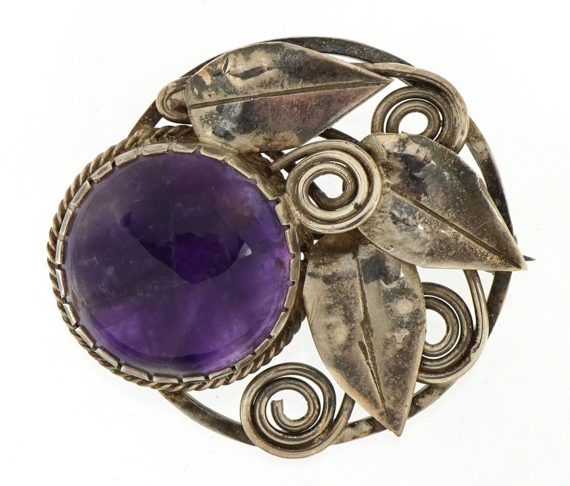 Silver cabochon Blue John leaf design brooch, indistinctly stamped to the reverse, 4.3cm wide, 16.8g