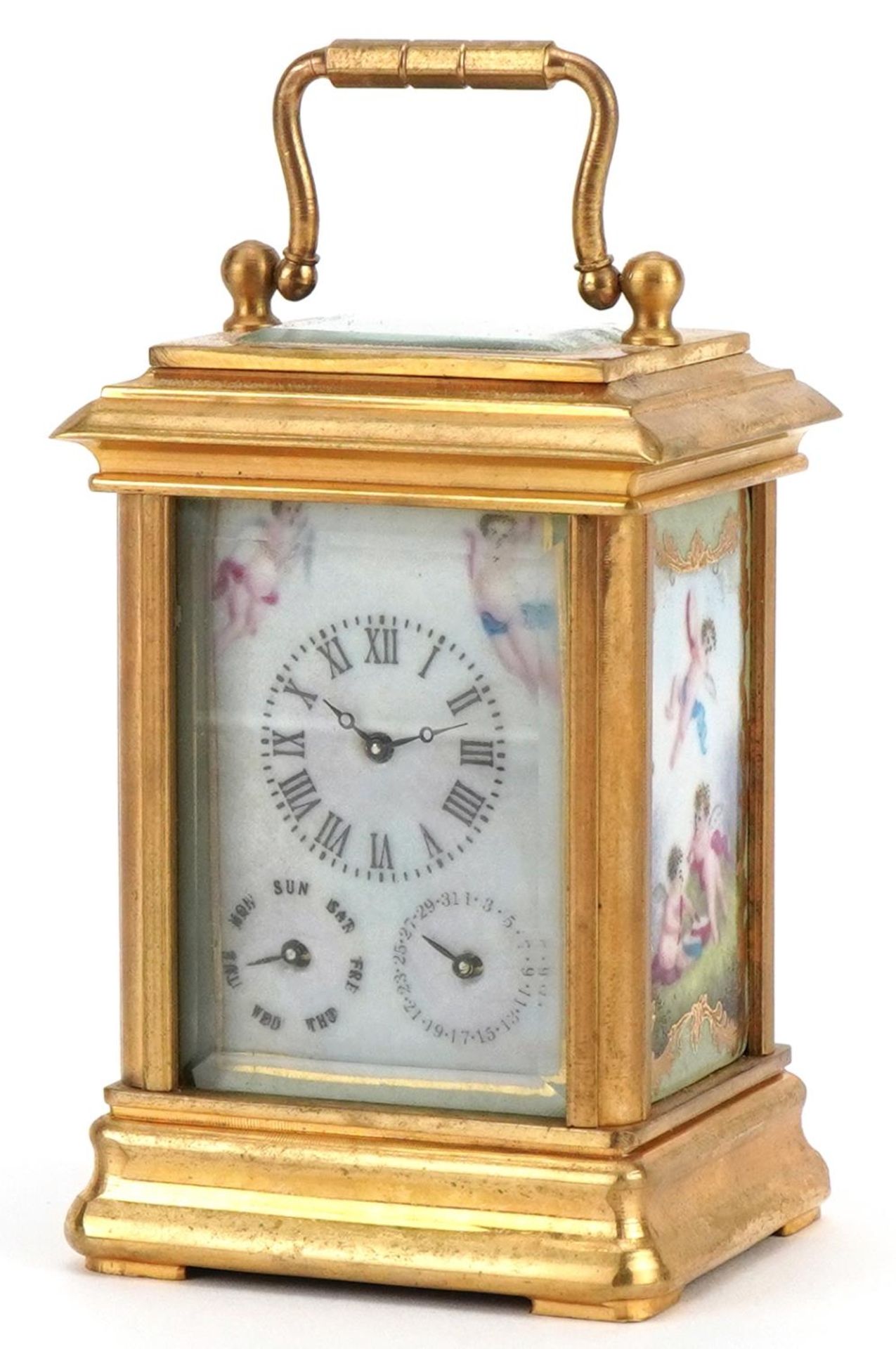 Miniature brass cased carriage clock with swing handle and Sevres style panels, hand painted with