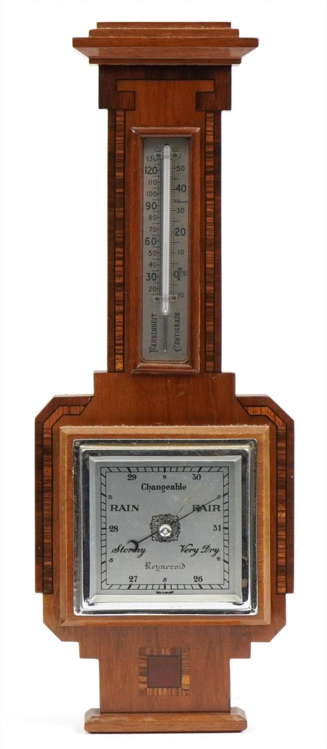 Art Deco inlaid walnut aneroid wall barometer with thermometer, 56.5cm high