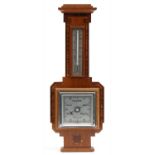 Art Deco inlaid walnut aneroid wall barometer with thermometer, 56.5cm high