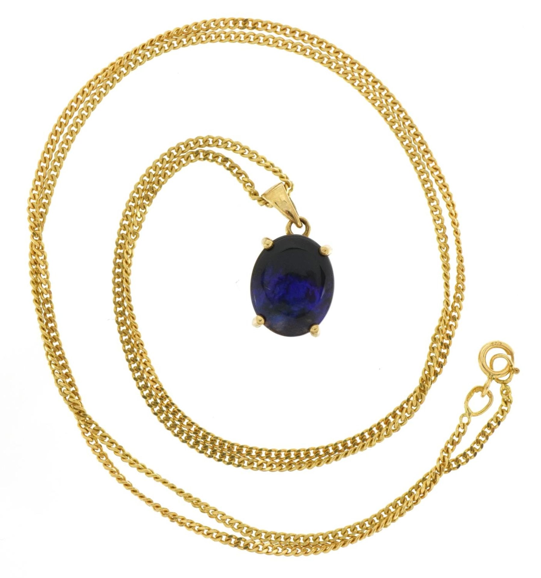 9ct gold blue stone pendant on an 18ct gold curb link necklace, 1.8cm high and 50.5cm in length, - Image 2 of 4