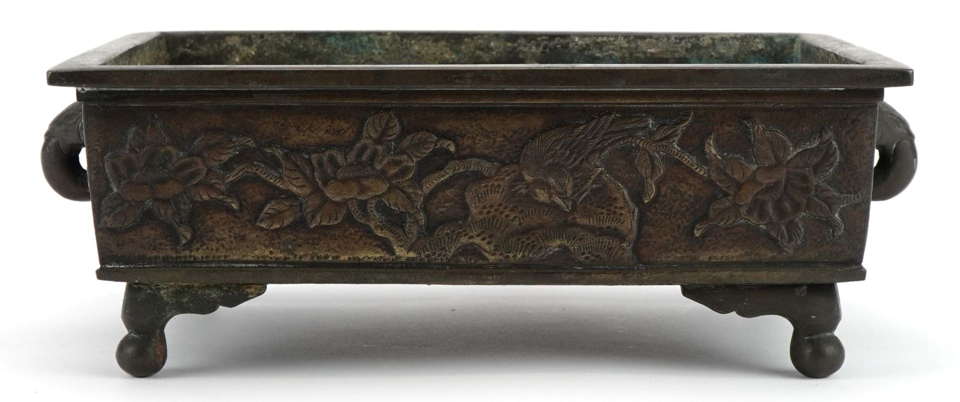 Japanese bronzed four footed planter with elephant head handles, cast with birds amongst flowers, - Image 2 of 3