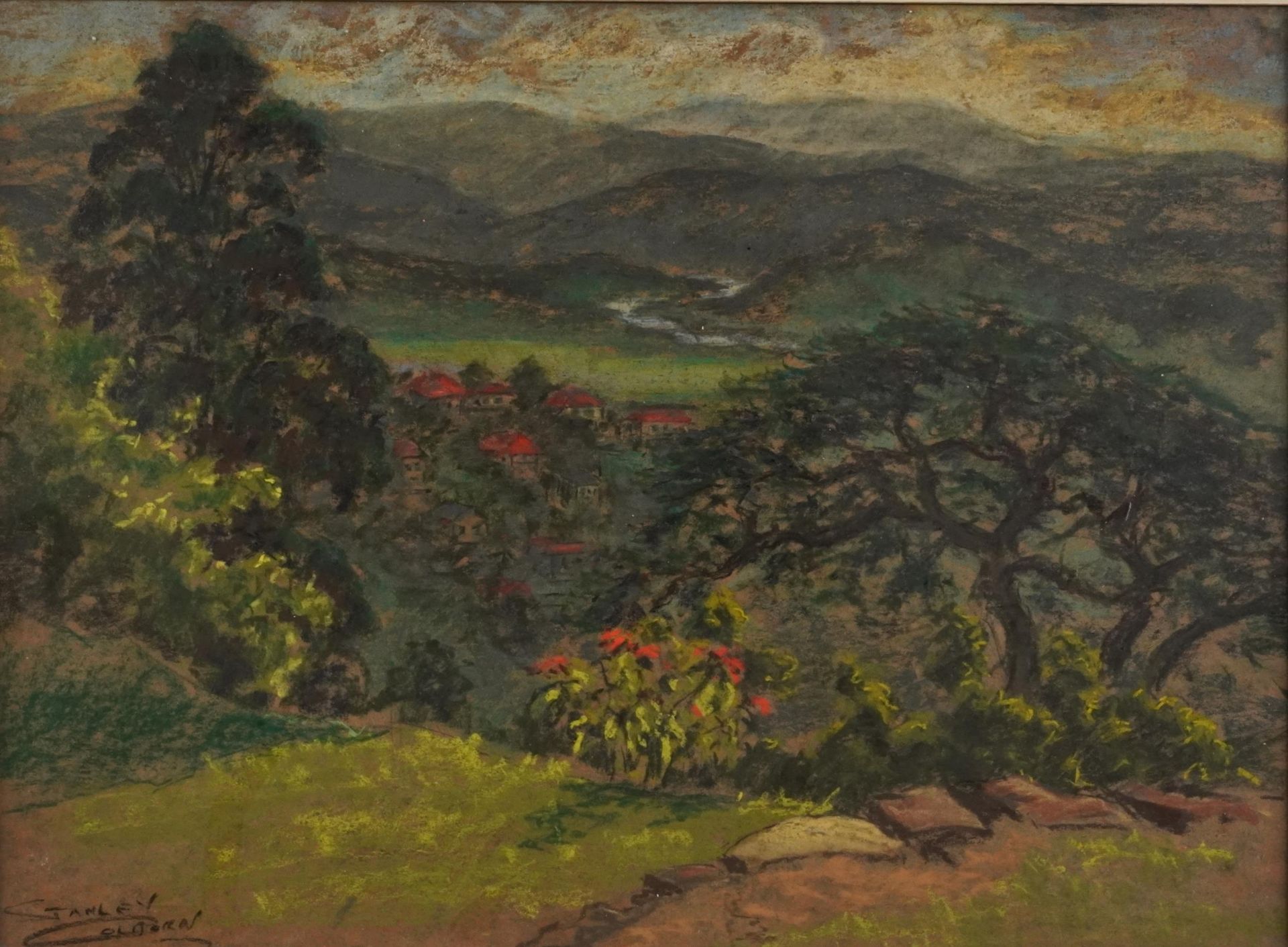 Stanley Colborn - Landscape with houses before mountains, pastel, framed and glazed, 56cm x 41cm