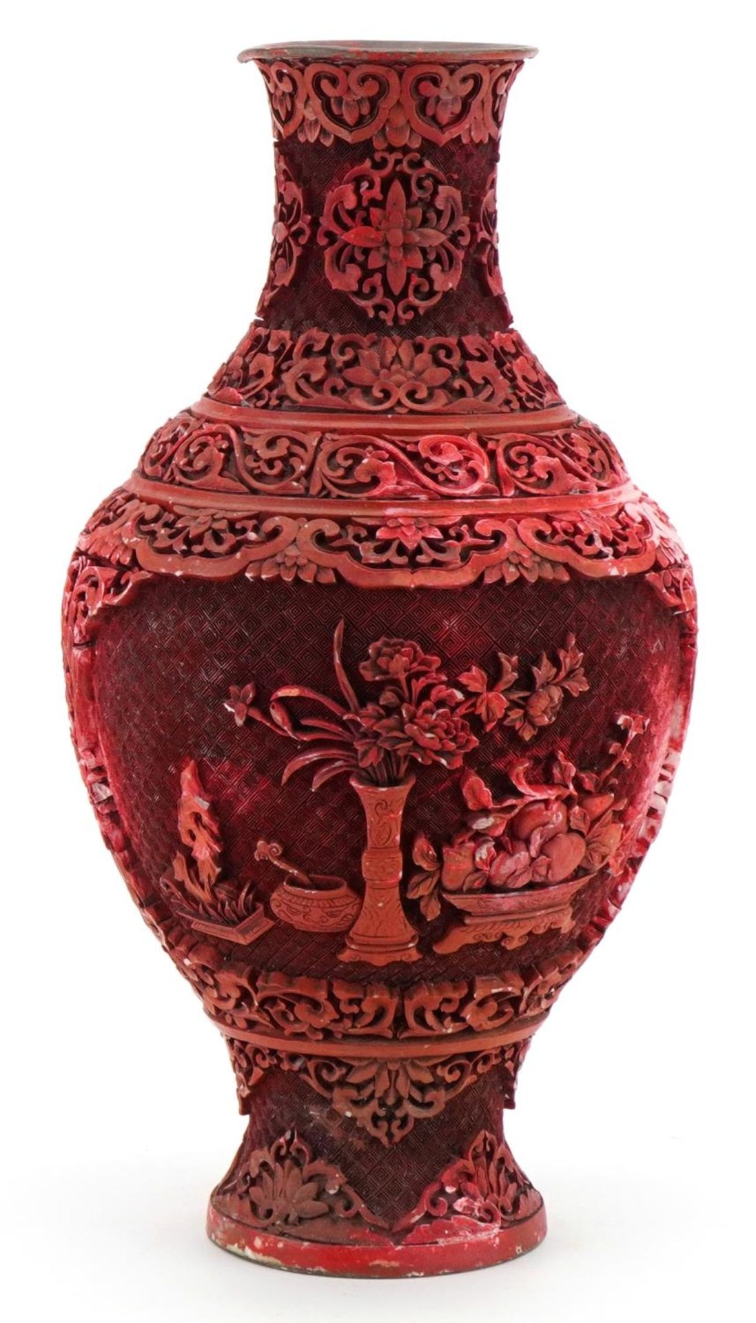 Chinese cinnabar lacquer vase carved with lucky objects and flowers, 37.5cm high - Image 2 of 3