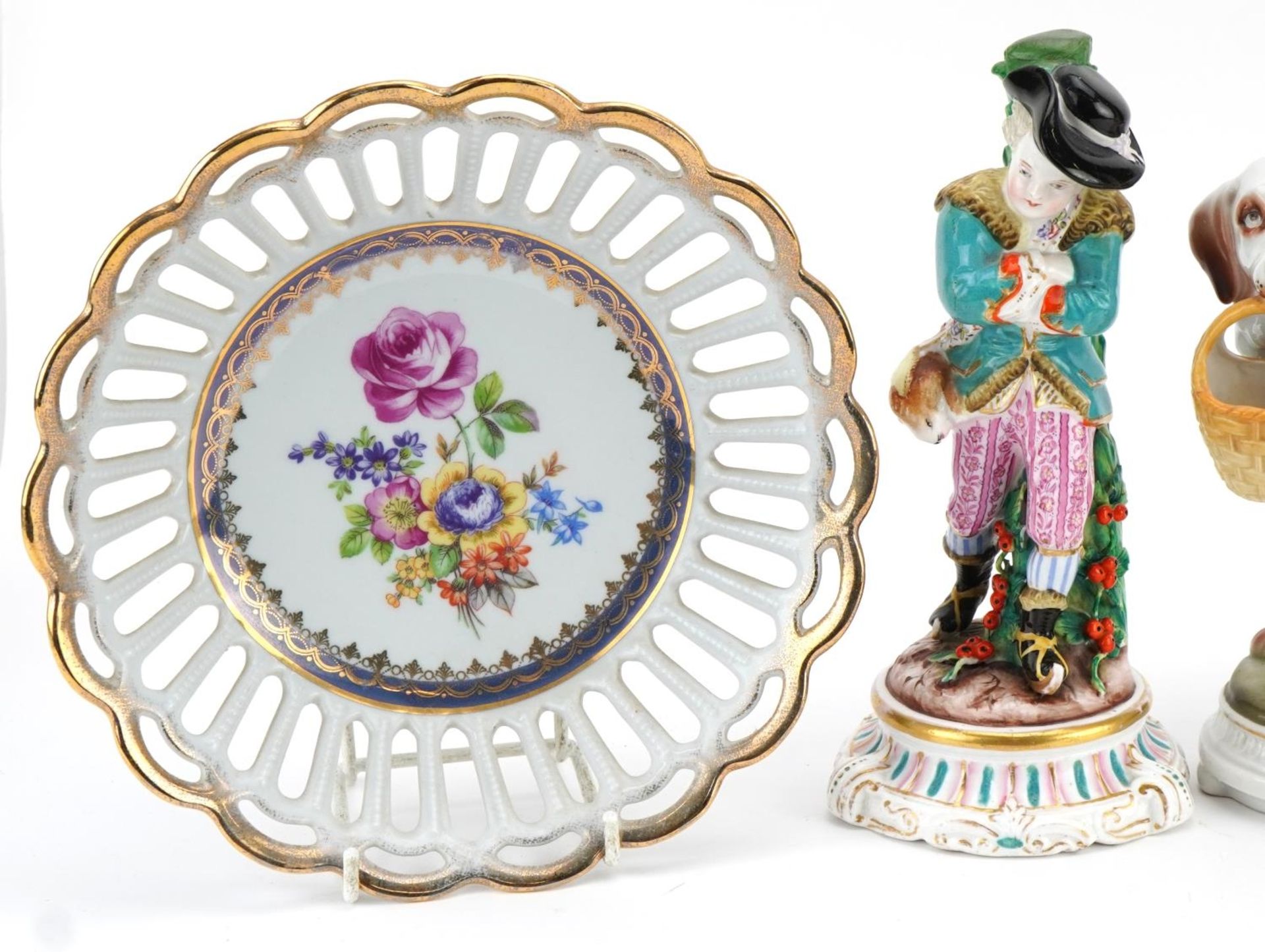 Continental porcelain including a Dresden pierced baskets decorated with flowers and figure of a - Bild 2 aus 6
