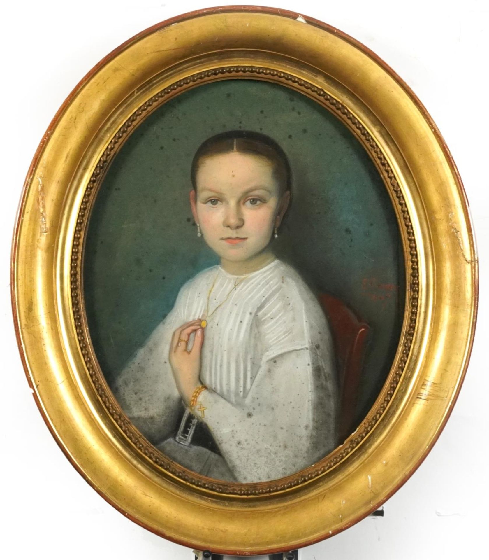 Portrait of a seated young female wearing a white dress, 19th century French oval pastel, - Image 2 of 4