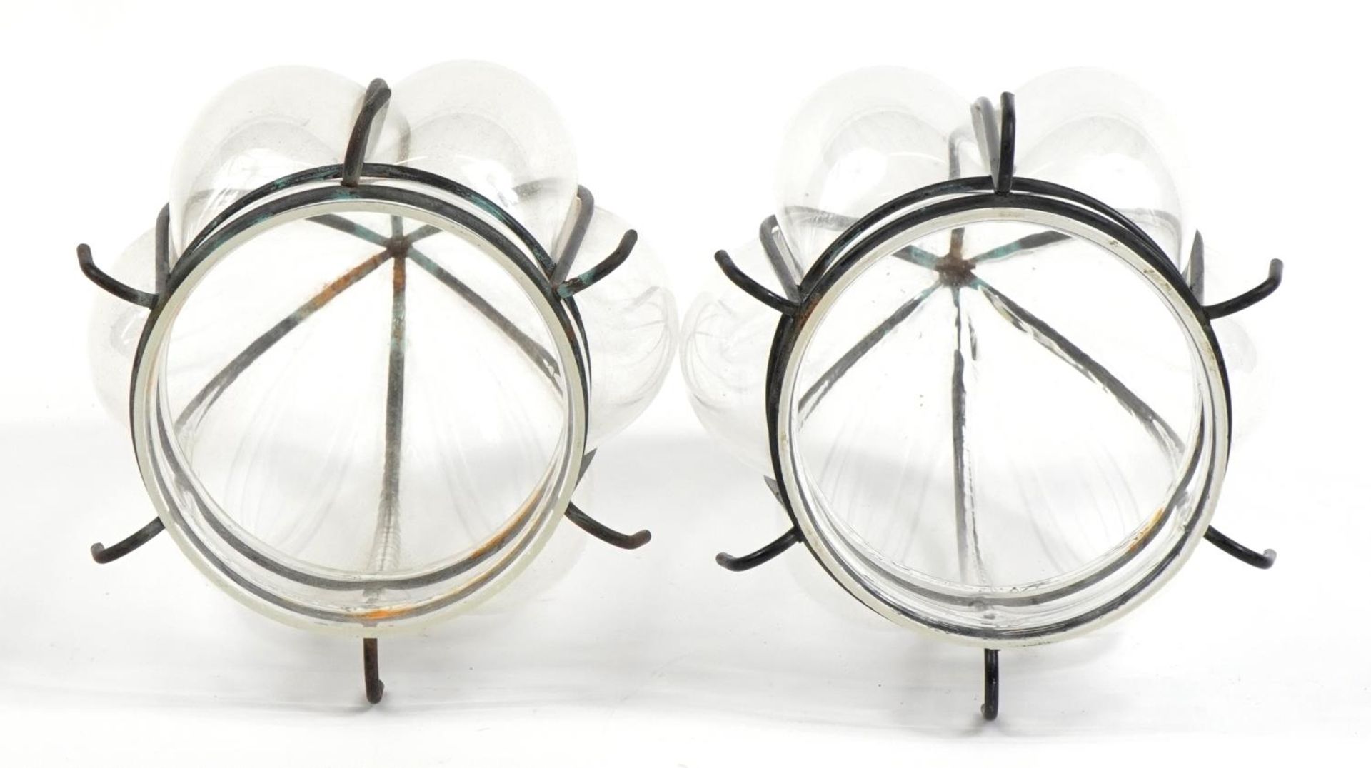 Pair of handblown glass light shades with wrought metal surround, 24cm high - Image 3 of 3