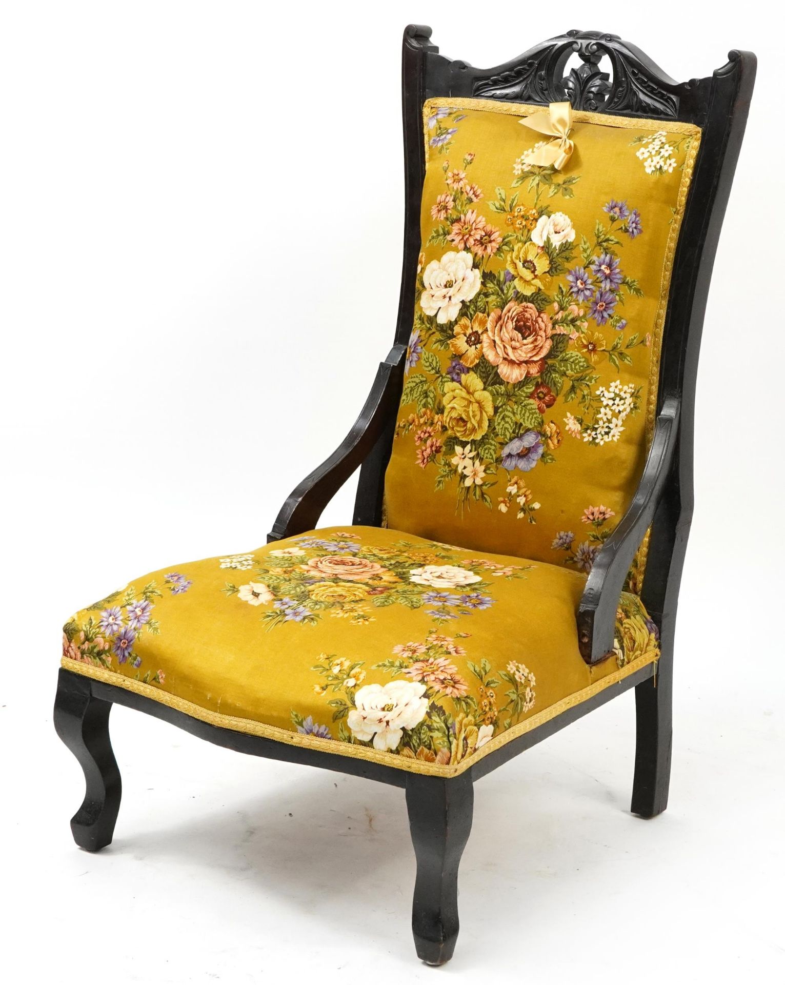 Edwardian mahogany nursing chair with gold floral upholstery, 93cm high