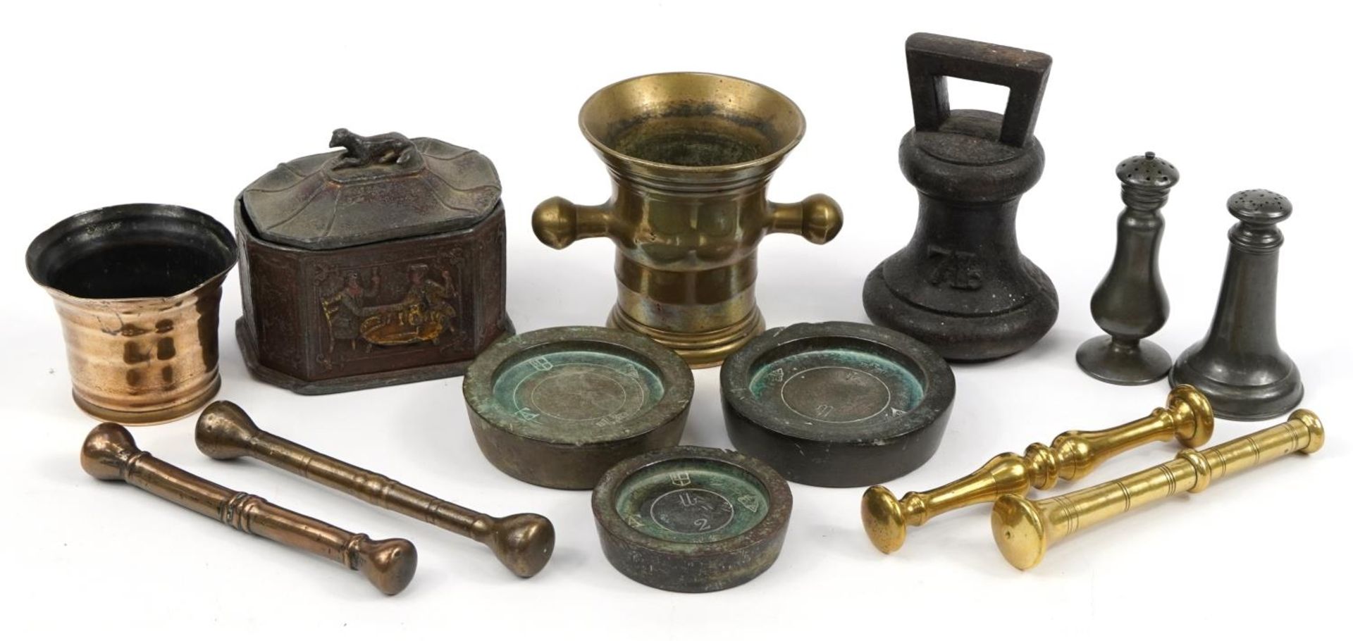 Metalware including an antique bronze pestle and mortar, various weights and antique lead tobacco