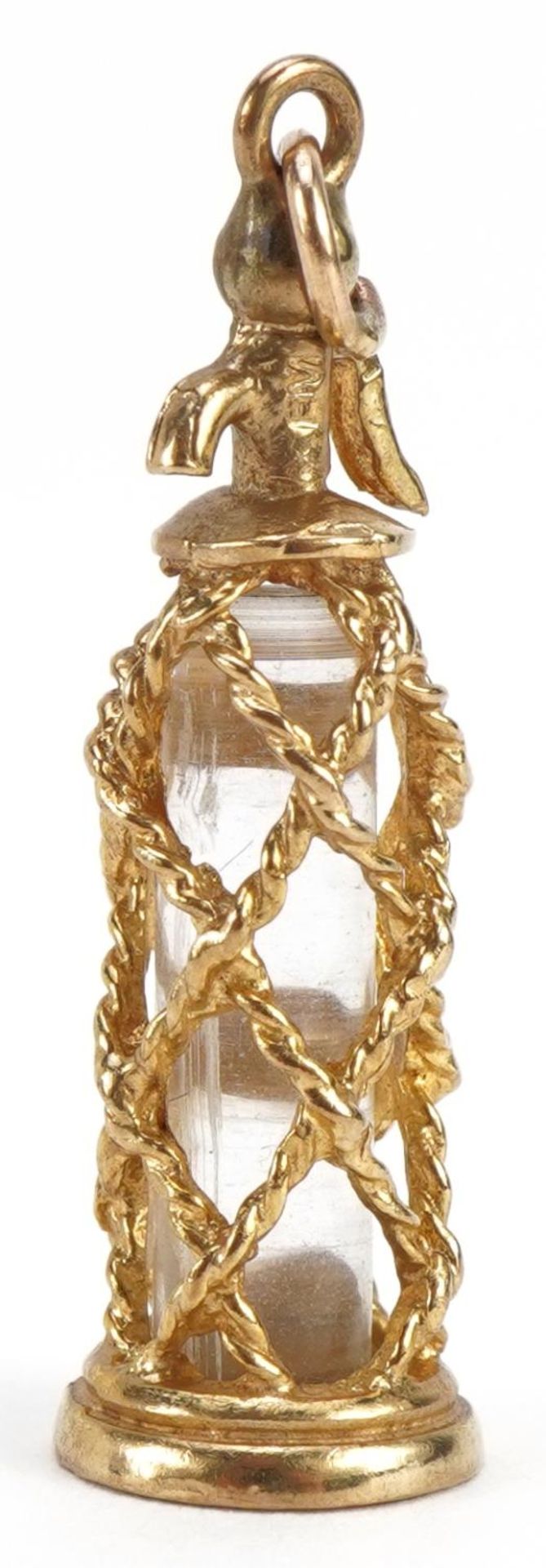 9ct gold soda syphon charm with clear stone body, 3.0cm high, 3.0g