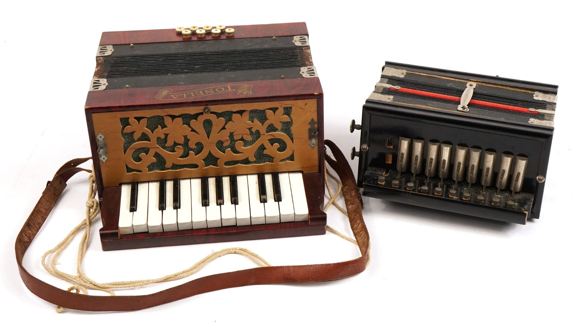 Two vintage accordions comprising Empress Accordeon and Tonella, the largest 29cm wide