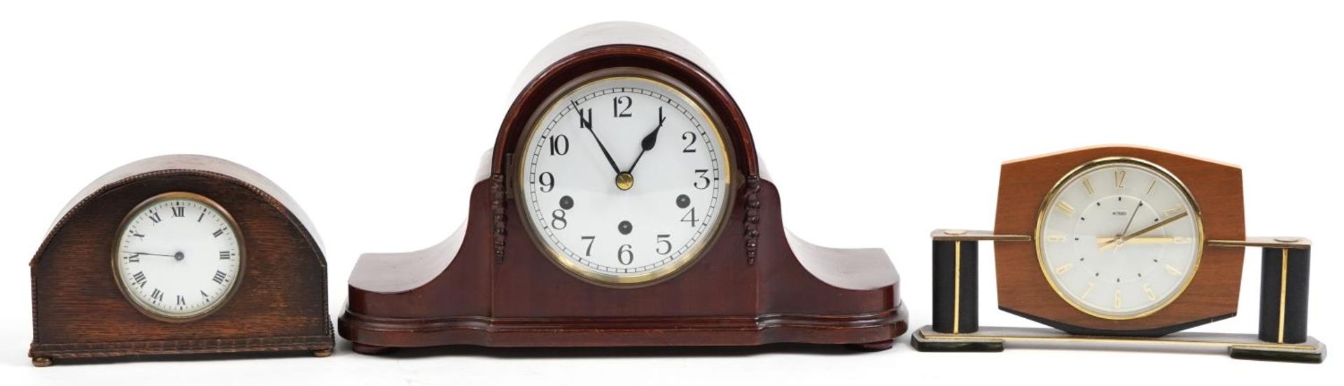 Three mantle clocks including Art Deco Metamec and Napoleon hat shaped clock with Westminster chime,