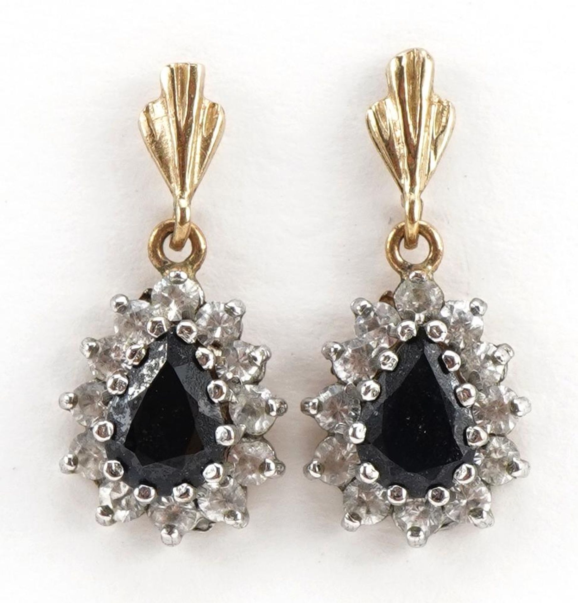 Pair of 9ct gold sapphire and clear stone teardrop earrings, 2.1cm high, 2.3g