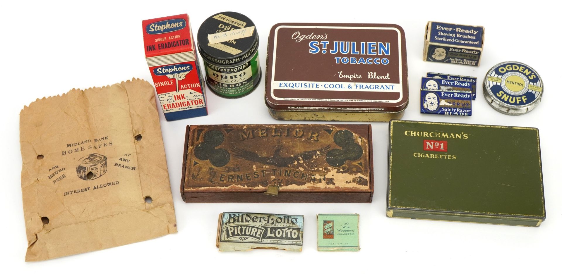 Vintage advertising including wooden Melior Tinchant box, tins and cardboard packets, some with