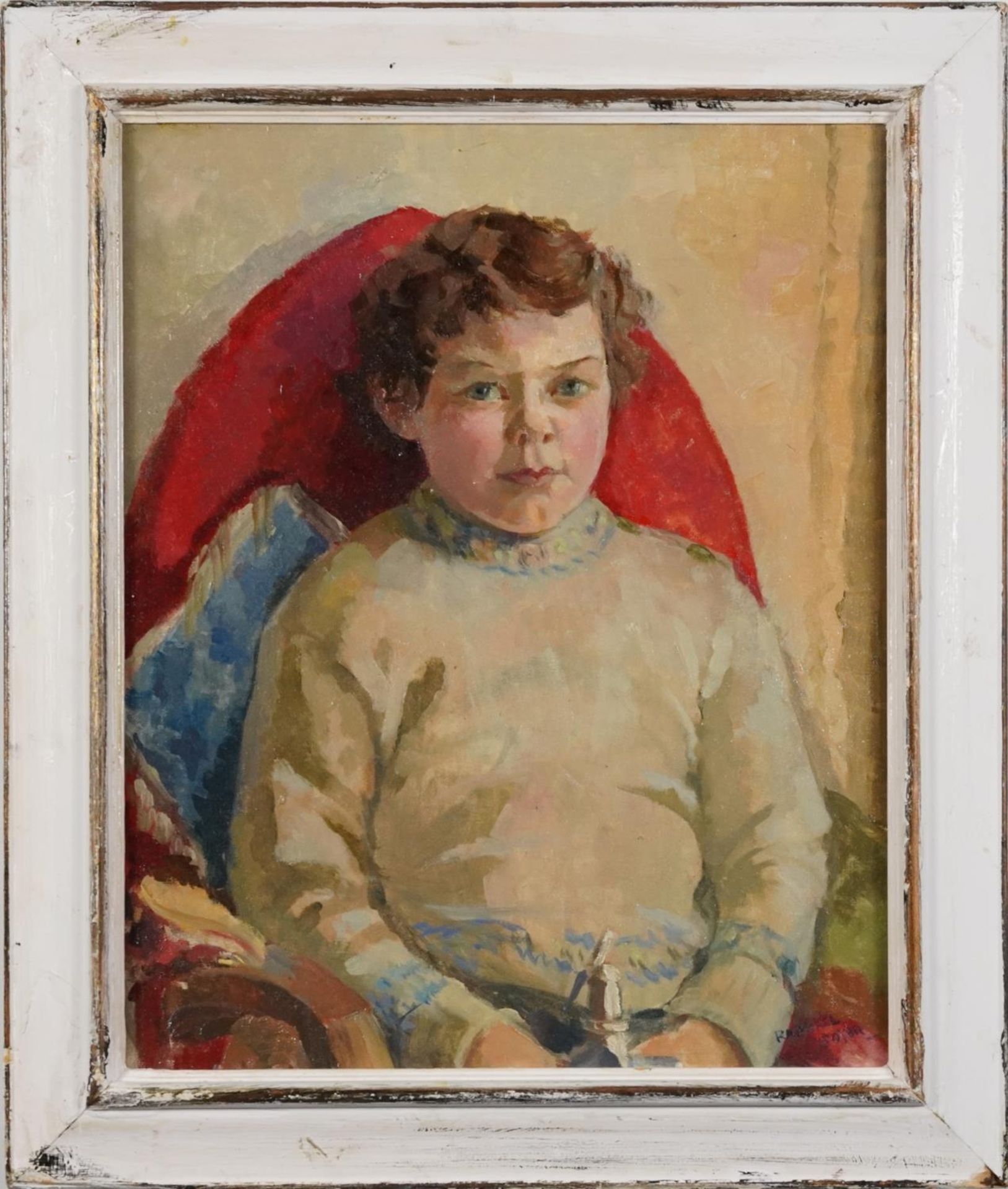 Portrait of a seated child, American school oil on board, mounted and framed, 53.5cm x 43.5cm - Bild 2 aus 5