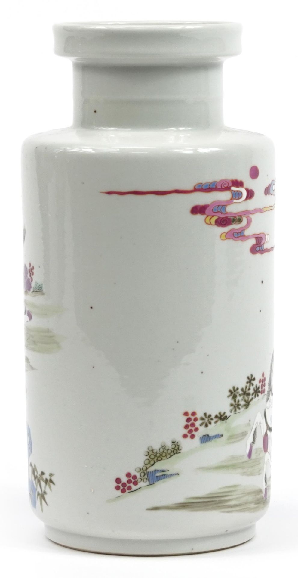Chinese porcelain Rouleau vase hand painted in the famille rose palette with figures on horseback, - Image 2 of 3
