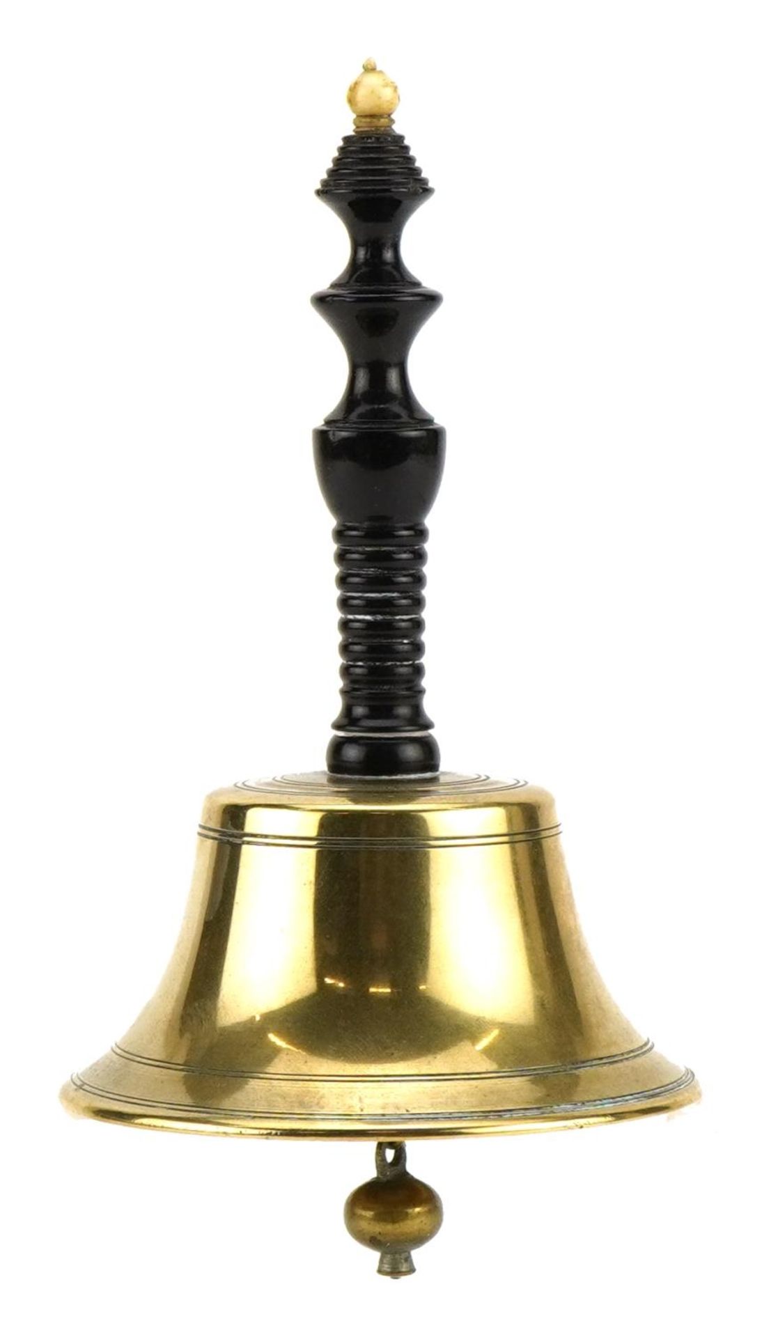 Good quality turned brass bell with rosewood and bone handle, 12.5cm high