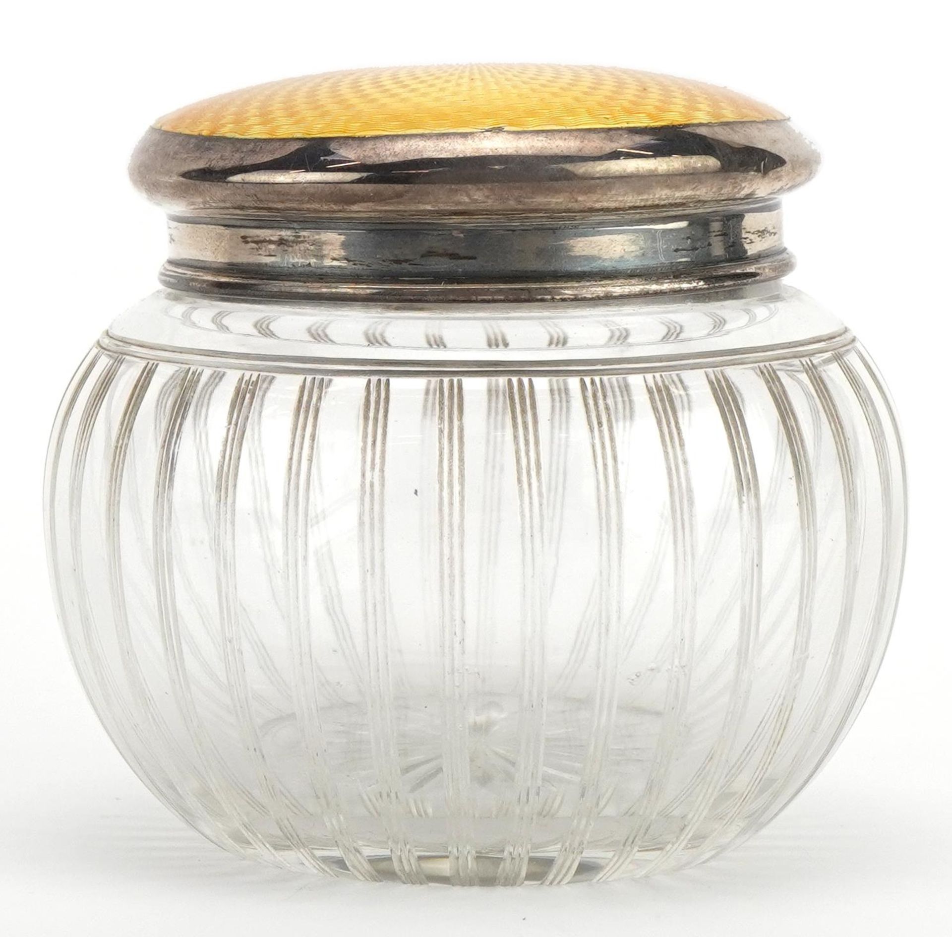 George V globular cut glass jar with silver and guilloche enamel lid, indistinct maker's mark