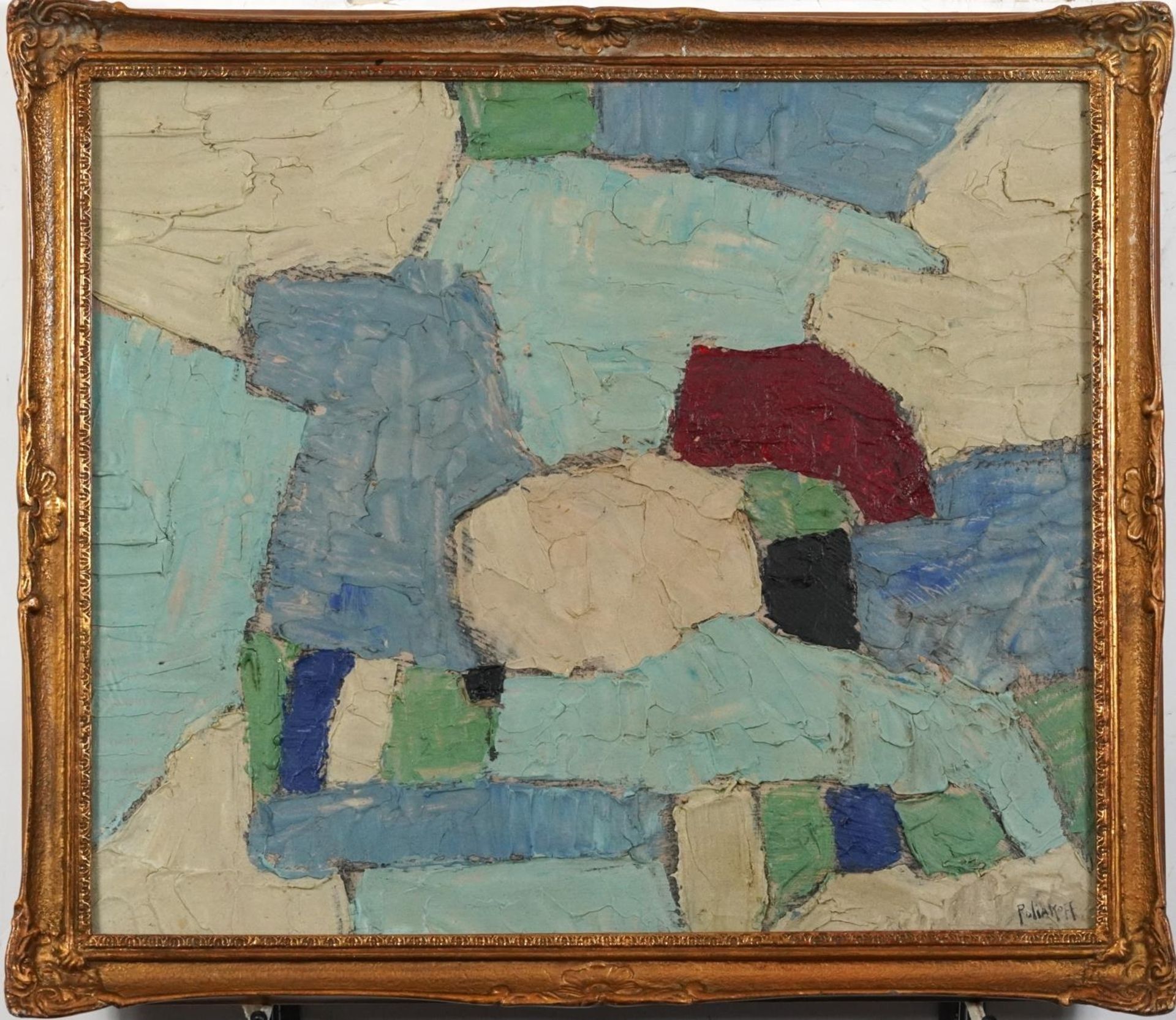 Abstract composition, geometric shapes, French school impasto oil on board, framed and glazed, - Image 2 of 4