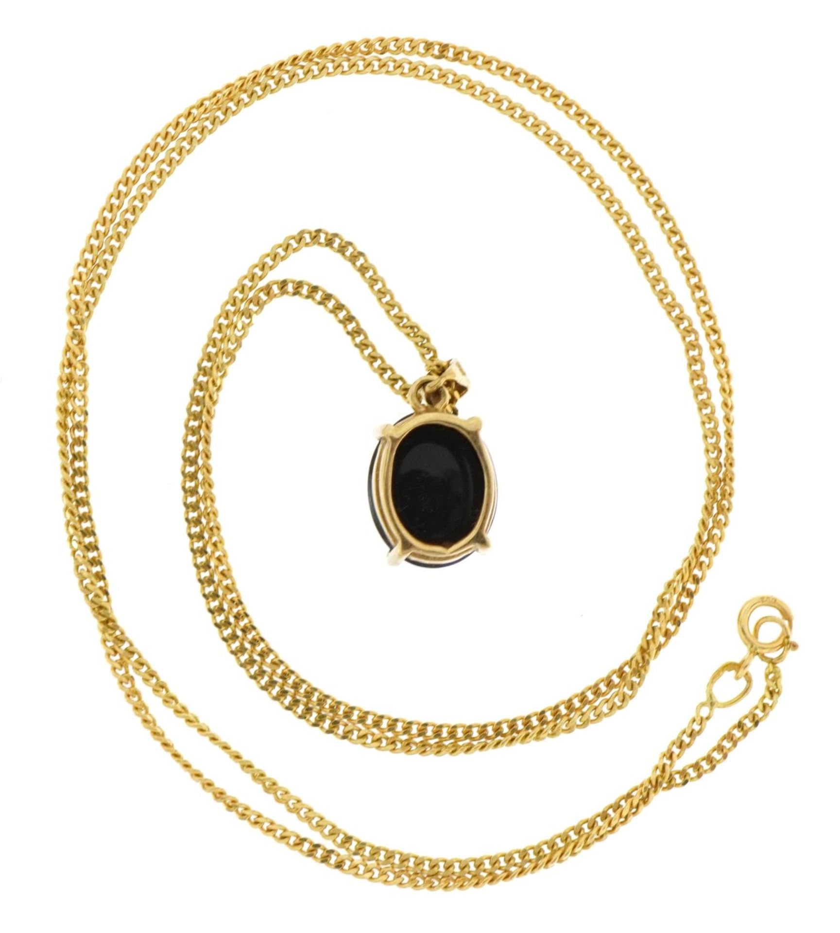 9ct gold blue stone pendant on an 18ct gold curb link necklace, 1.8cm high and 50.5cm in length, - Image 3 of 4