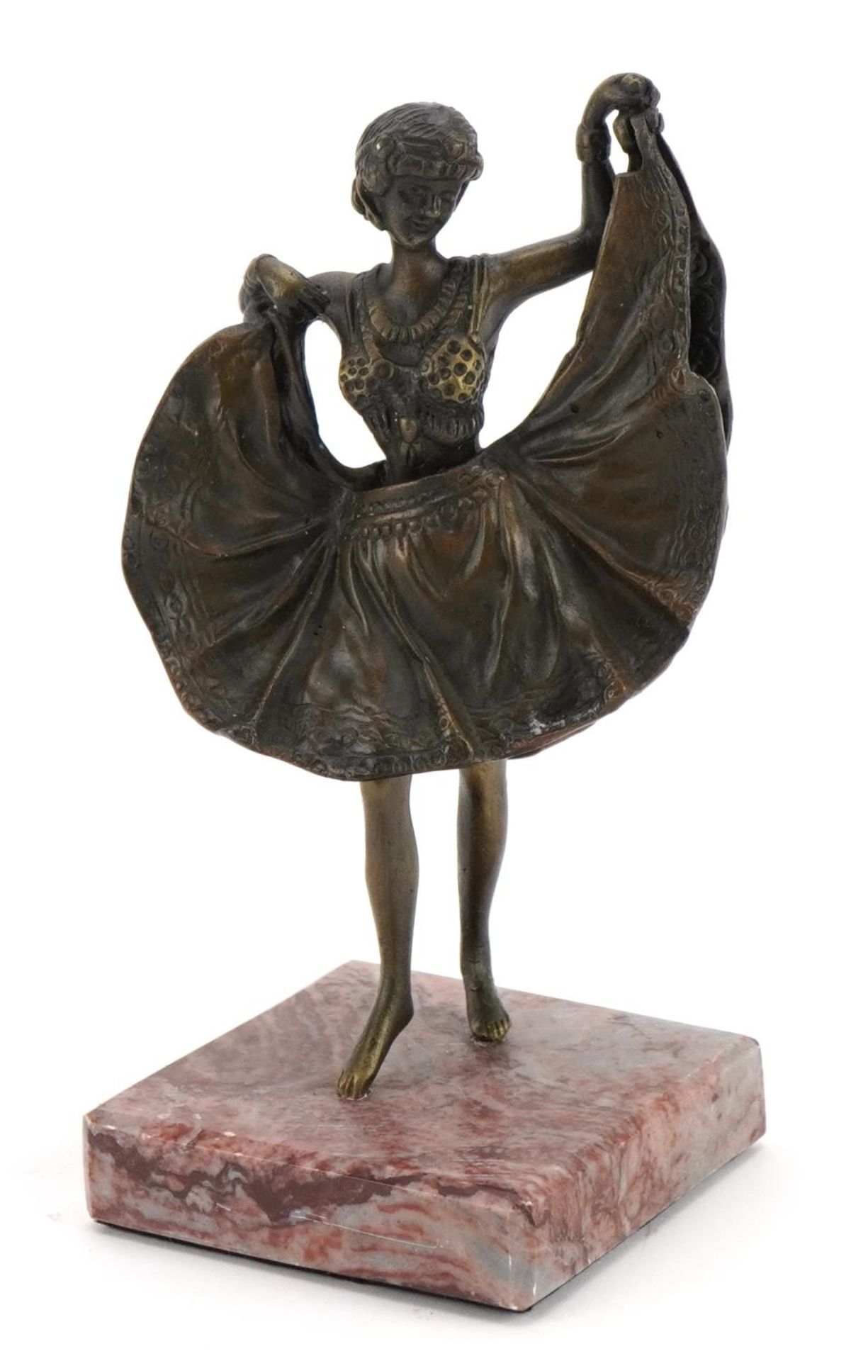 Patinated bronze figurine of an Art Deco dancer with lift up skirt raised on a marble base, 15.5cm