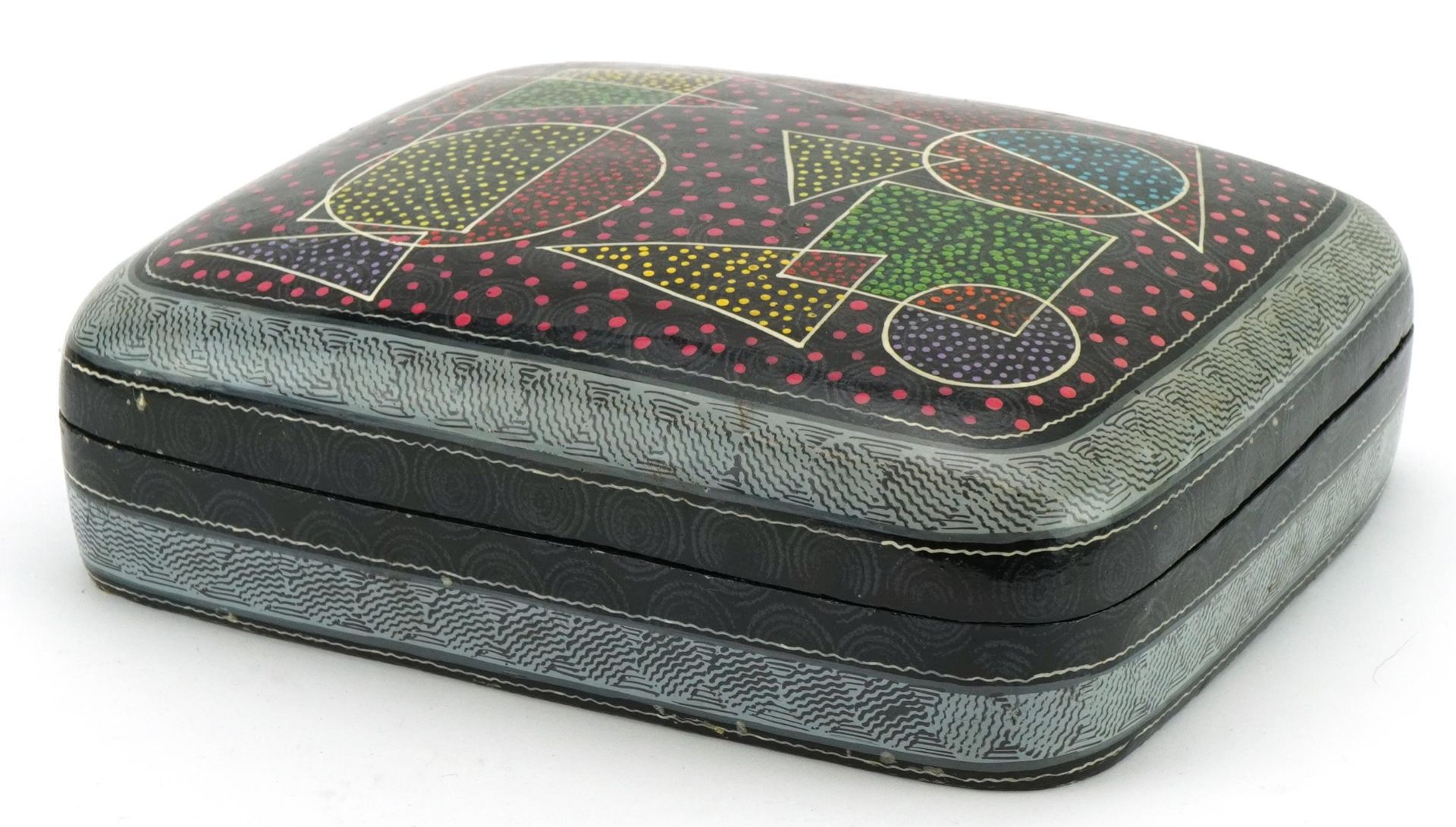 Vintage papier mache box and cover hand painted with abstract design, 7cm H x 23cm W x 19cm D